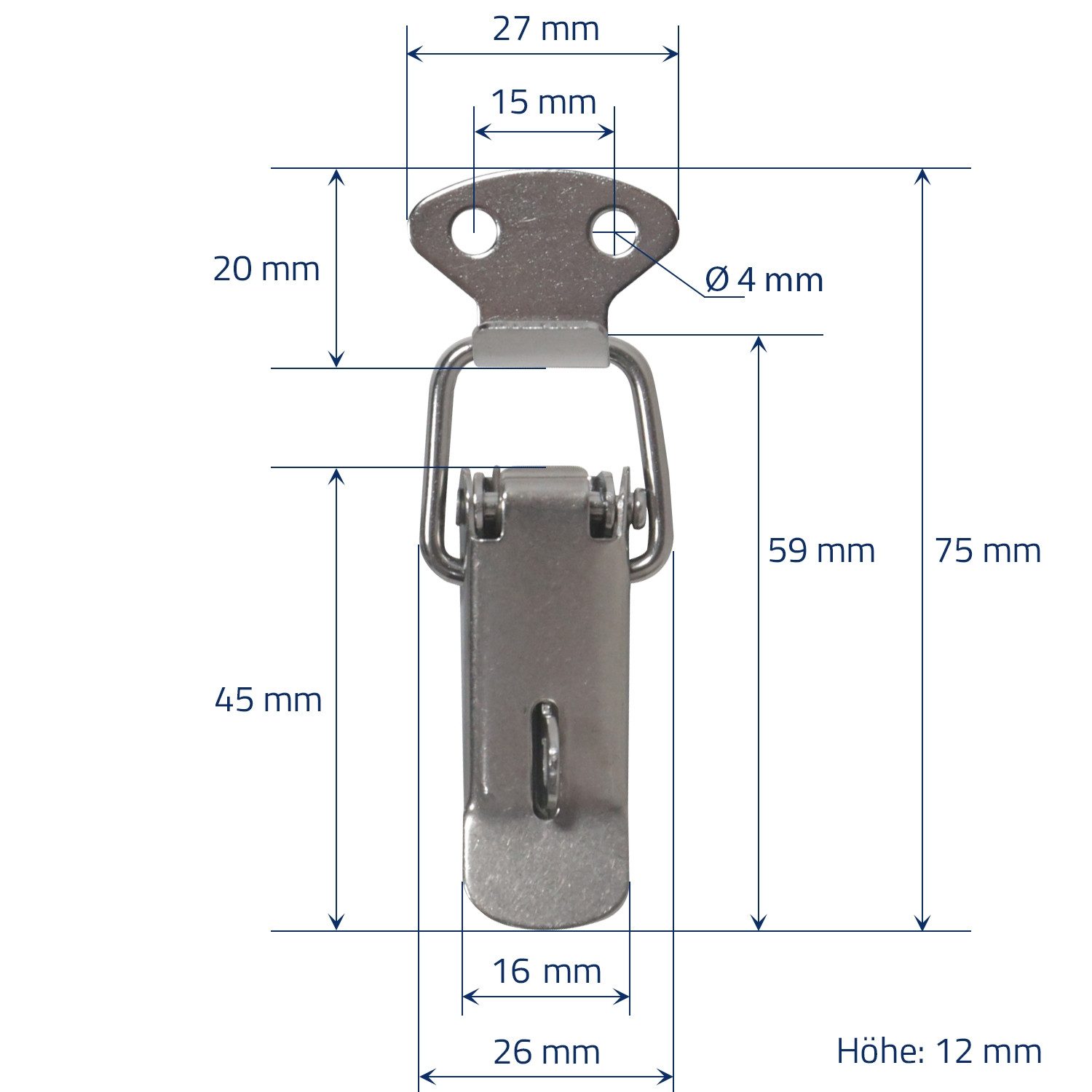 HMF Möbelbeschlag Edelstahl Spannverschluss mit Schlossöse (8 Stk., Set), Hebelverschluss 27 x 75 mm, Silber