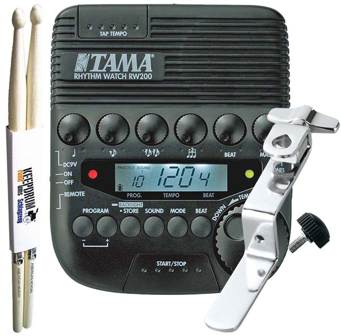 Tama Metronom Tama Rhythm Watch mit RWH10 Halter mit Schlagzeugstöcken, Professionelles Metronom für Schlagzeug