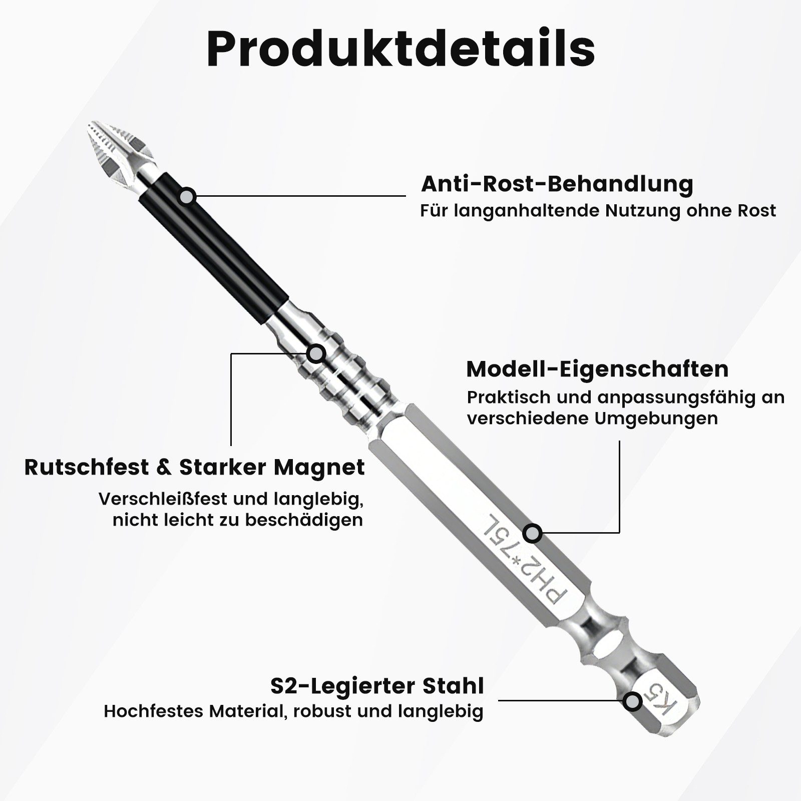Bundviel Bit-Set Kreuzschlitz-Bit PH2 S2 Bit 25-150mm K5 Magnetisch Anti-Rutsch Bits, Set, 6-St., Magnetisch