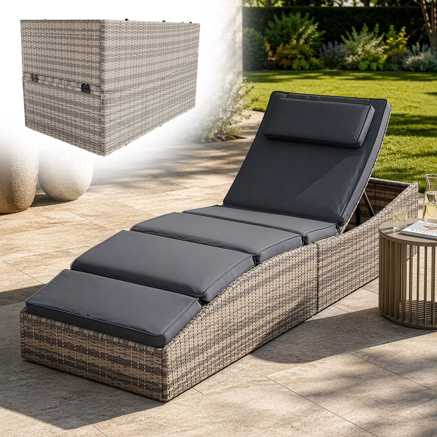 Juskys Wellnessliege Lamia, Polyrattan Liege, klappbar, Kopfteil verstellbar, 160 kg belastbar