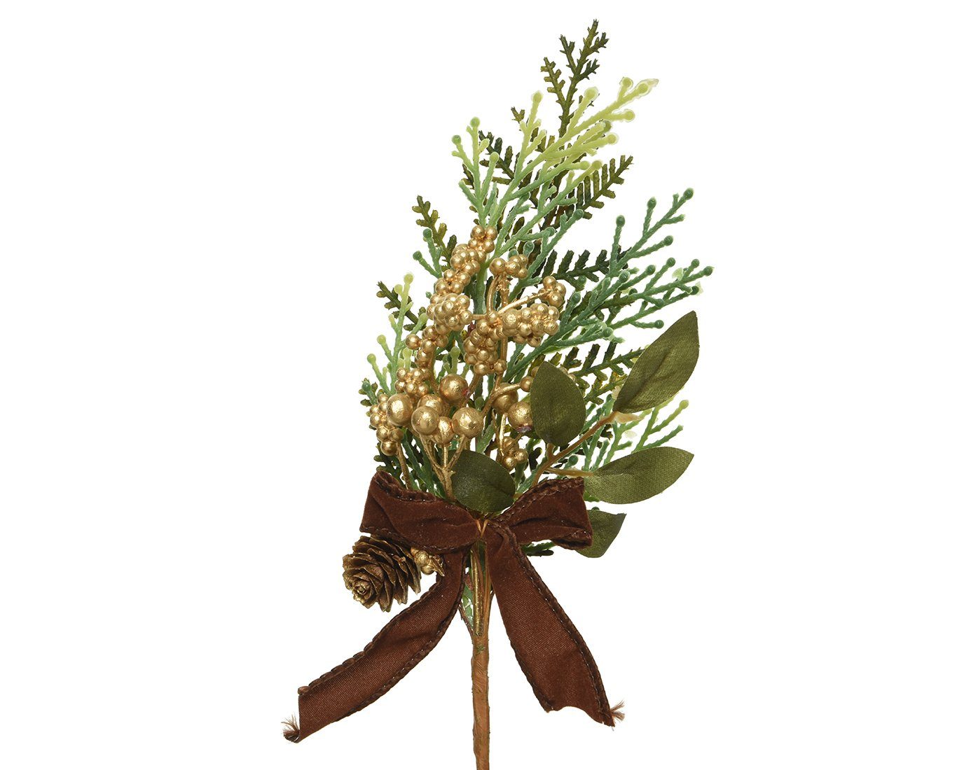 Kunstpflanze, Decoris season decorations, Tannenzweig künstlich 25cm mit goldenen Beeren und Samtschleife