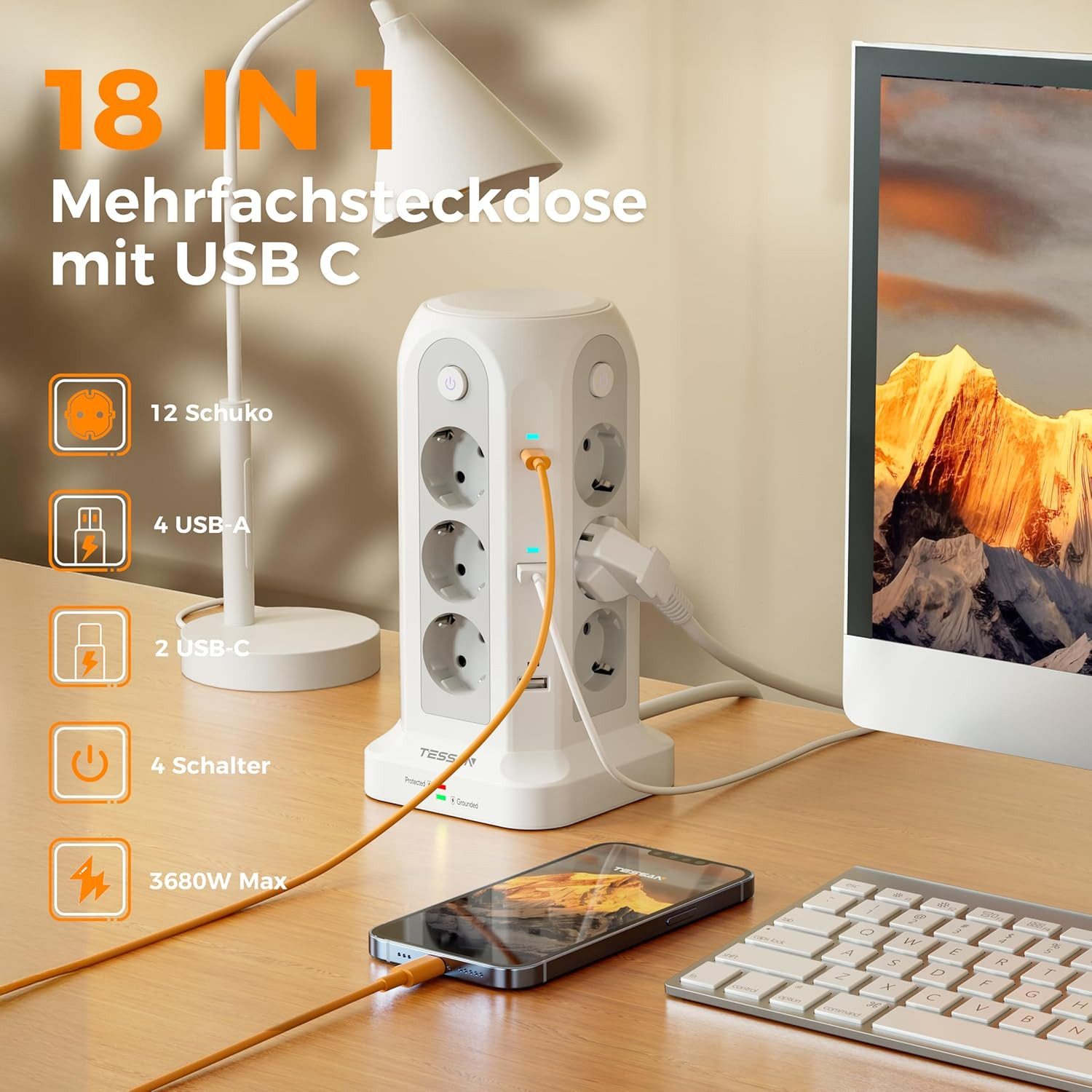 TESSAN 12 Fach Mehrfachsteckdose mit 3 USB(2 USB-A/1 USB-C) Kabel 2/5m Mehrfachsteckdose (USB-Anschlusse, Ein-/Ausschalter, Kabellänge 5 m)