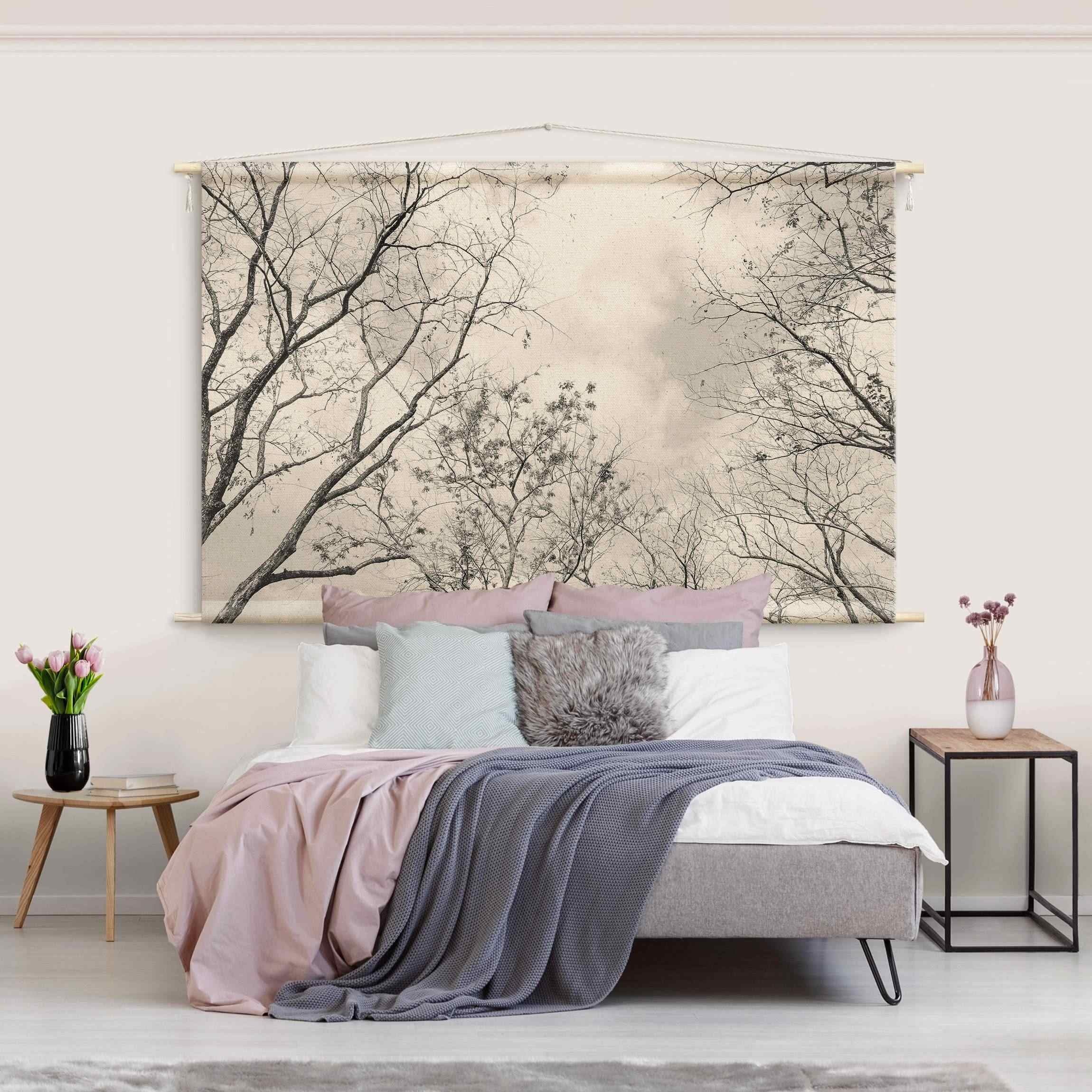 Bilderdepot24 Wandteppich modern Wald Gräser Natur grau, rechteckig, Höhe: 2.6 mm, großes Wandbild aus Natur-Baumwolle Wandbehang Stoffbild Tuch Wollseil