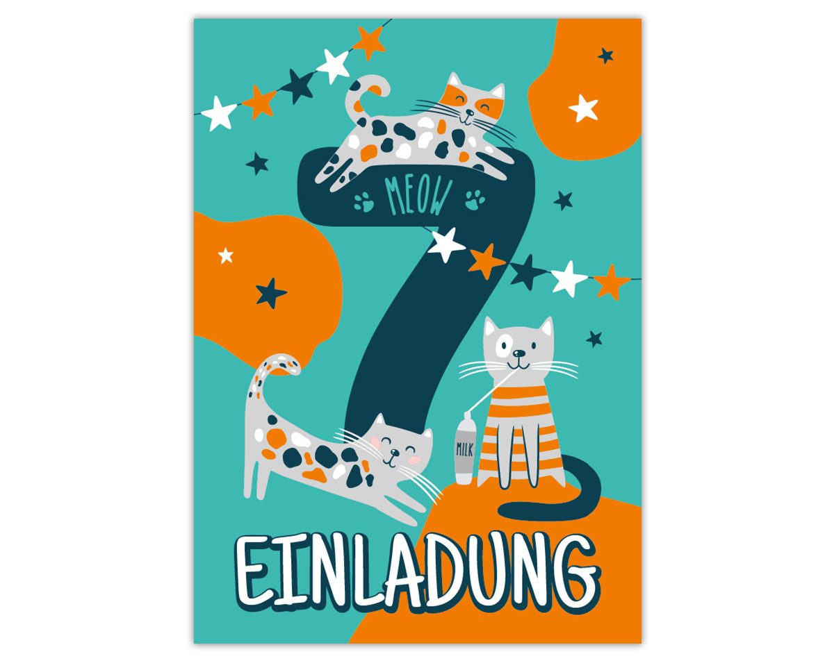 Einladungskarten Katzen Einladungen zum 7. Kindergeburtstag Katze Karten Mädchen blau