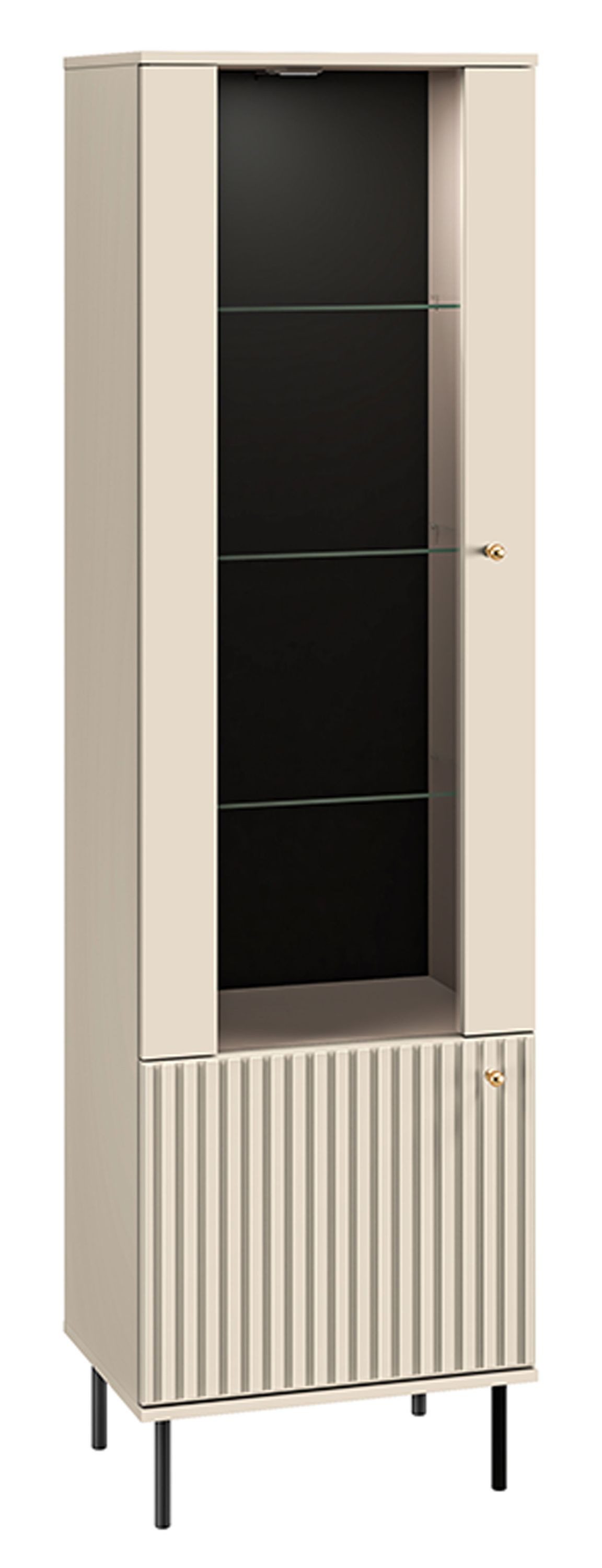 Feldmann-Wohnen Vitrine Sophie (1 Glastür, 1 Holztür, 3 Glaseinlegeböden, 1 Holzboden, 1-St., goldene Metallknopfgriffe und schwarze Metallfüße) 55x40x190cm kaschmir matt mit Beleuchtung