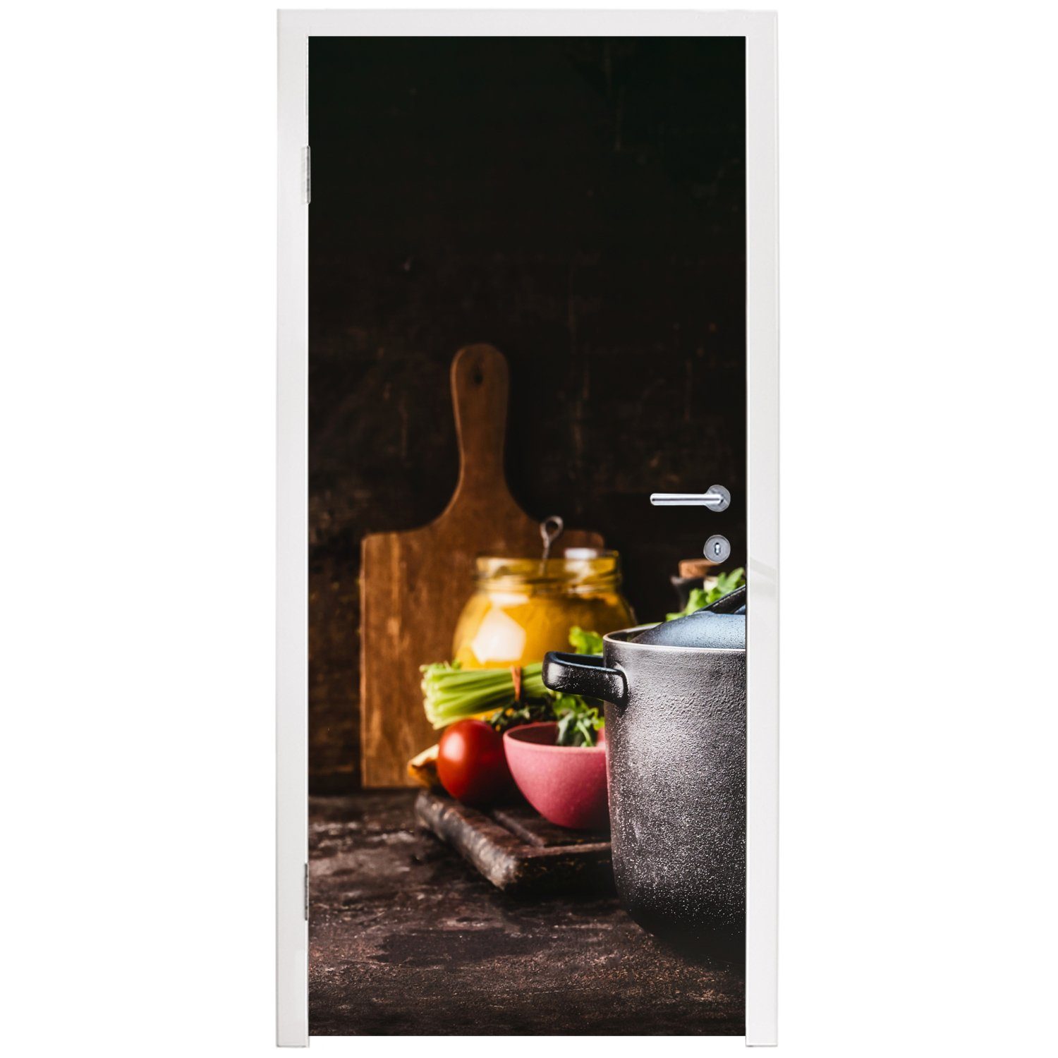 Tür, - - Rustikal Fototapete - Matt, bedruckt, Türaufkleber, (1 St), Stilleben Pfanne cm Gemüse, MuchoWow 75x205 für Türtapete