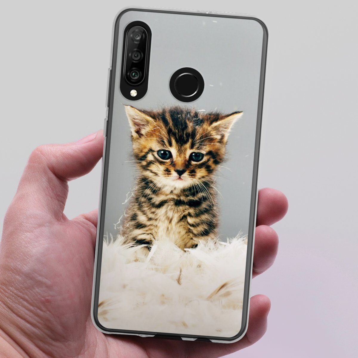 DeinDesign Handyhülle Katze Haustier Feder Kitty, Huawei P30 Lite Premium Silikon Hülle Bumper Case Handy Schutzhülle