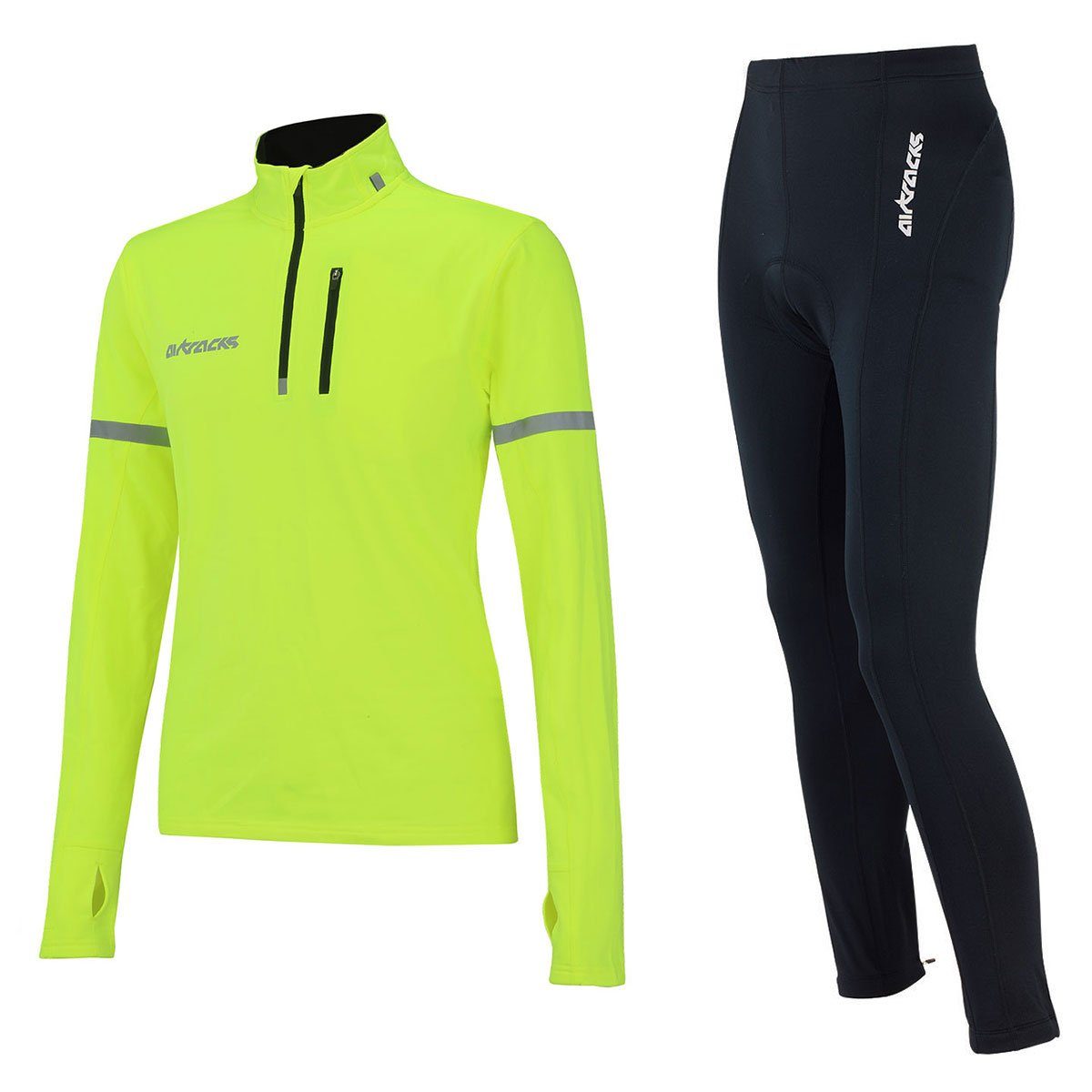 + schwarz-neon » Herren Fahrradtrikot Thermo 2-tlg) (Fahrradtrikot « Radtrikot XXL für Fahrradhose lang L M XXXL Fahrradhose XL S Herbst-Winter, Set, Langarm Set Airtracks