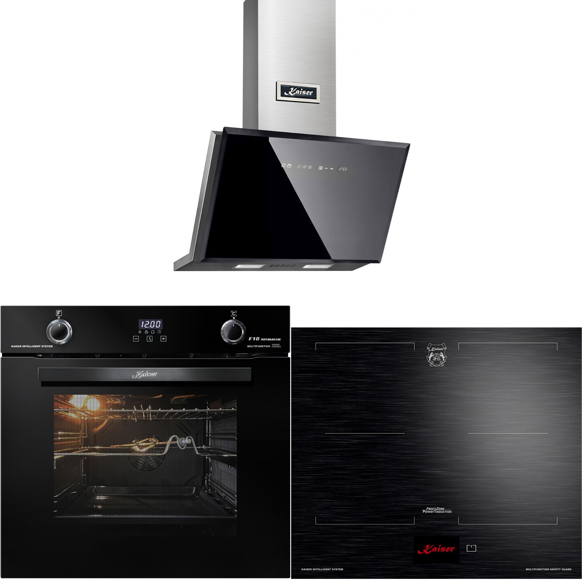 Kaiser Küchengeräte Backofen-Set Herd Set Autark Schwarzer Einbau Backofen 79L Drehknebel 60 cm mit Induktionskochfeld 60 cm FREE ZONE mit 2 FLEX Induktions-Zonen TFT Display+Dunstabzugshaube 60 cm, Edelstahl, 1250m³/h EH 6367+KCT 6140 FI+AT 6430 F ECO, mit 1-fach-Teleskopauszug, Katalytische Selbstreinigung, Einbau Backofen 60cm+Induktionskochfeld 60 cm+Dunstabzugshaube