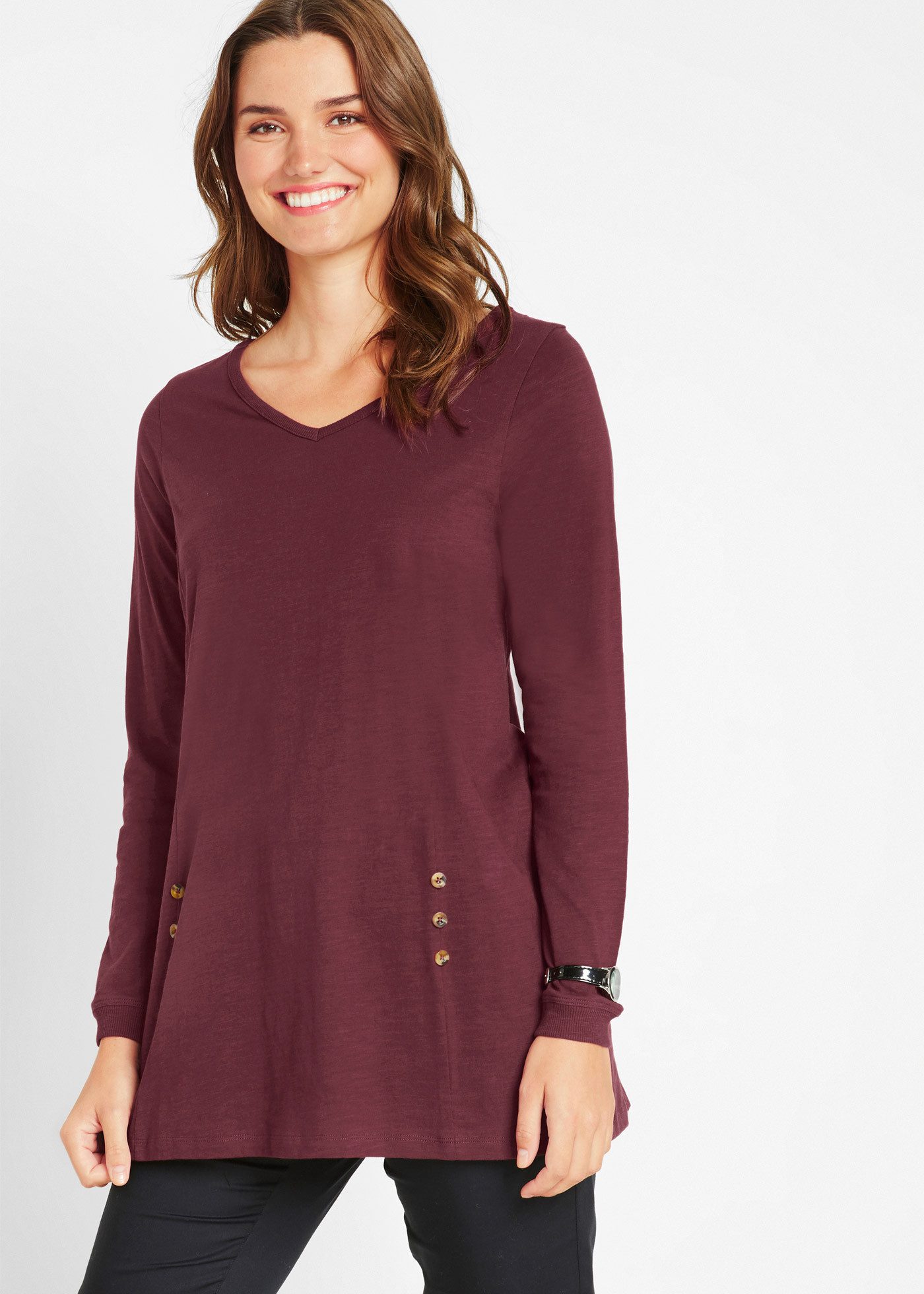 bonprix Longshirt A-Linie, mit dekorativen Knöpfen, aus Baumwolle, Casual Stil
