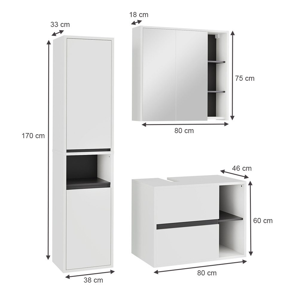 Vicco Badmöbel-Set Viola, Weiß/Grau, 3 Teile, günstig online kaufen