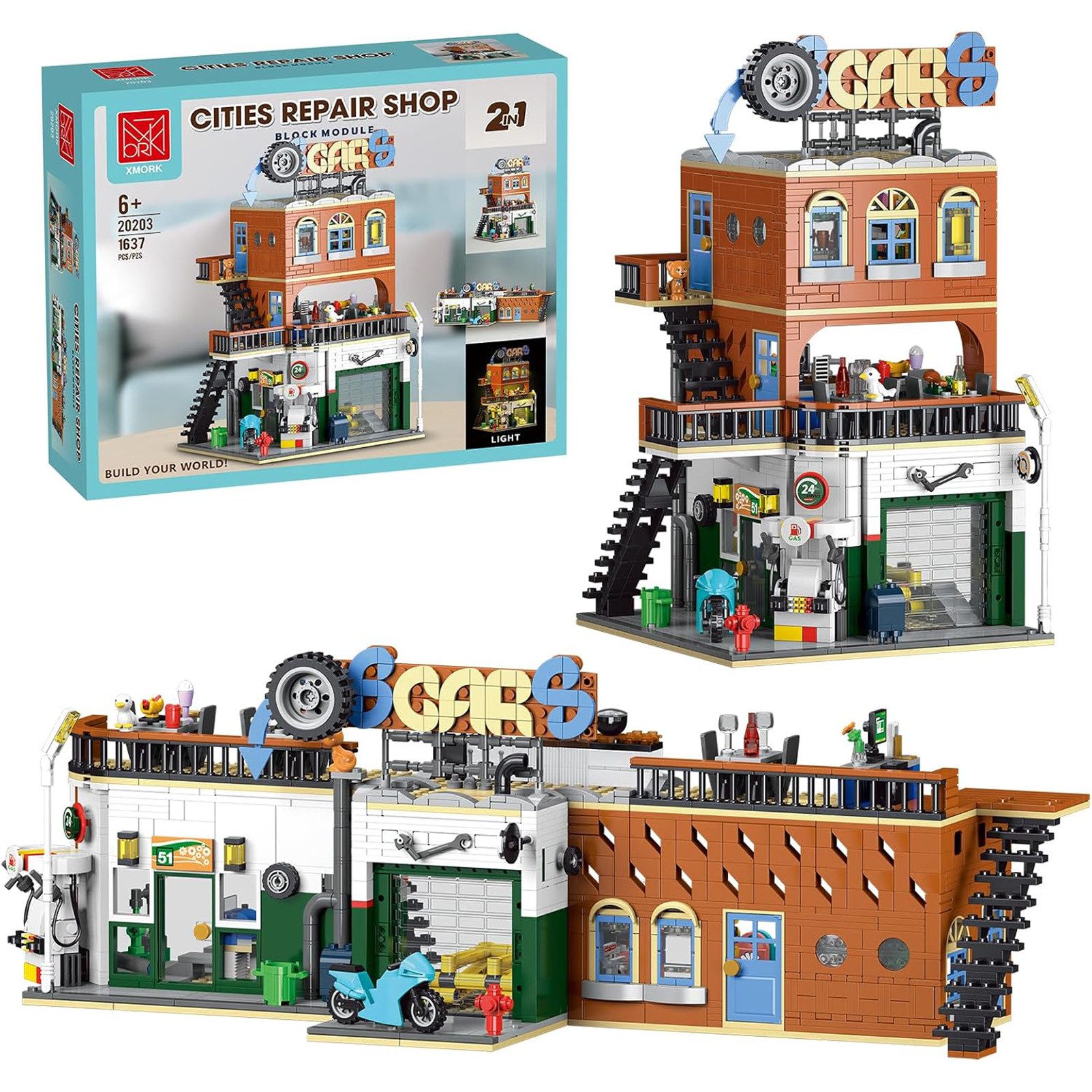 Esun 2 in 1 City Bauspielzeug Set Creator Haus City Auto Reparaturwerkstatt Spielbausteine, (Set, 1637 St., Komplettset), Verformbar BAU Modellsatz Baukasten mit LED-Licht