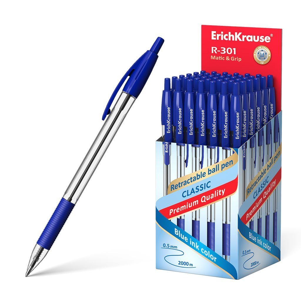Erich Krause Kugelschreiber, Kugelschreiber R-301 Klar Matic 1.0 Gummi Grip 50er Pack Tinte Blau