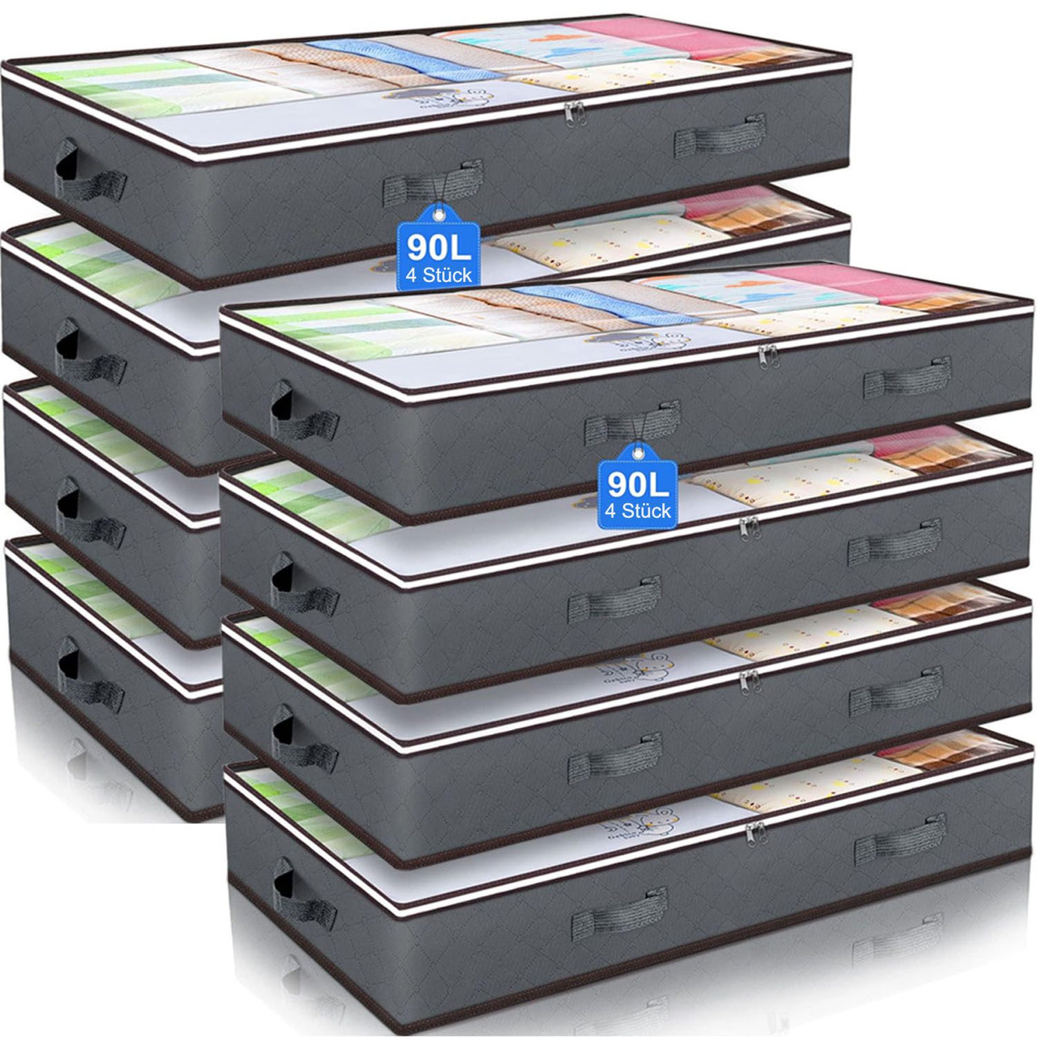 SURFOU Unterbettkommode Unterbett Aufbewahrungsbox Aufbewahrungstasche Unterbett Aufbewahrung (4er Set 90L Große Kapazität, Faltbare Aufbewahrungsbox mit transparent Deckel, Mit 4 Tragegriffen, Doppelreißverschluss, 8 St., für Kleidung, Kissen, Bettdecken und Bettwäsche, 100*50*15cm), für den Einsatz unter dem Bett oder im Schrank