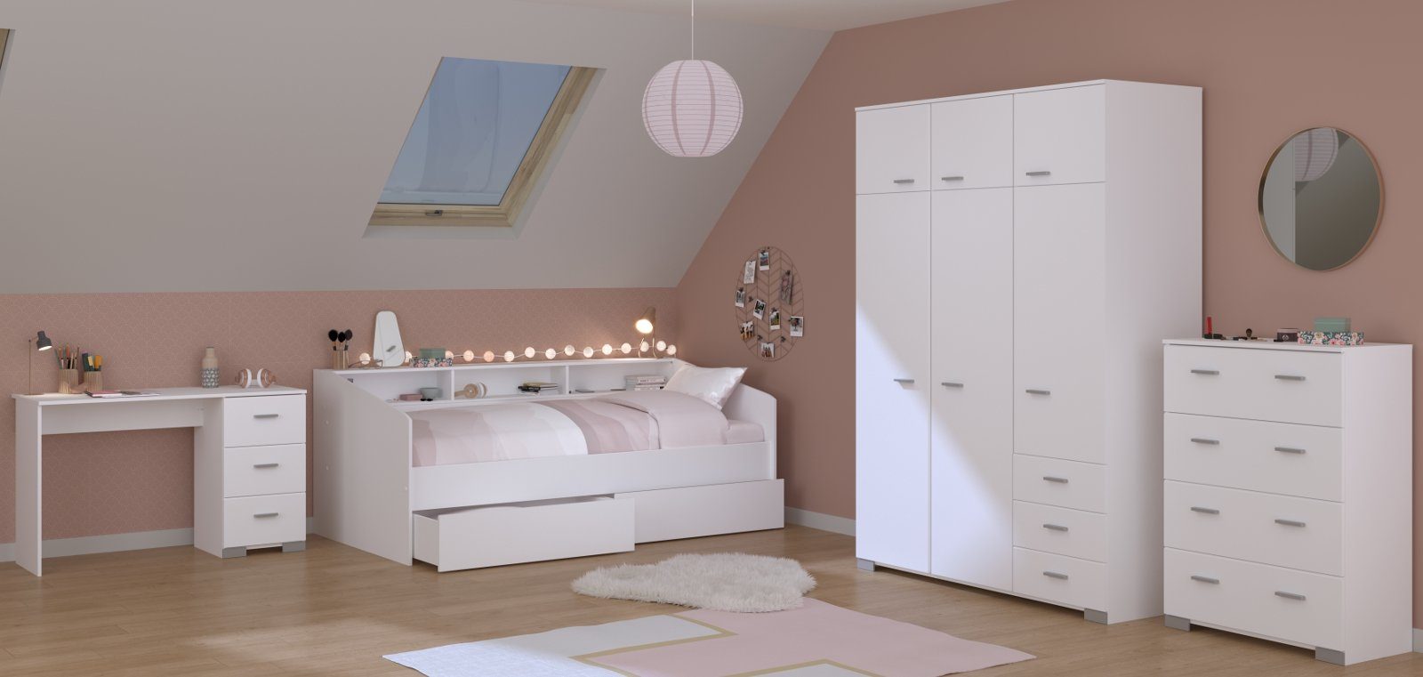 Parisot Jugendzimmer-Set Sleep, (Kinderzimmer Komplett-Set in weiß, 4-teilig), mit extra viel Stauraum