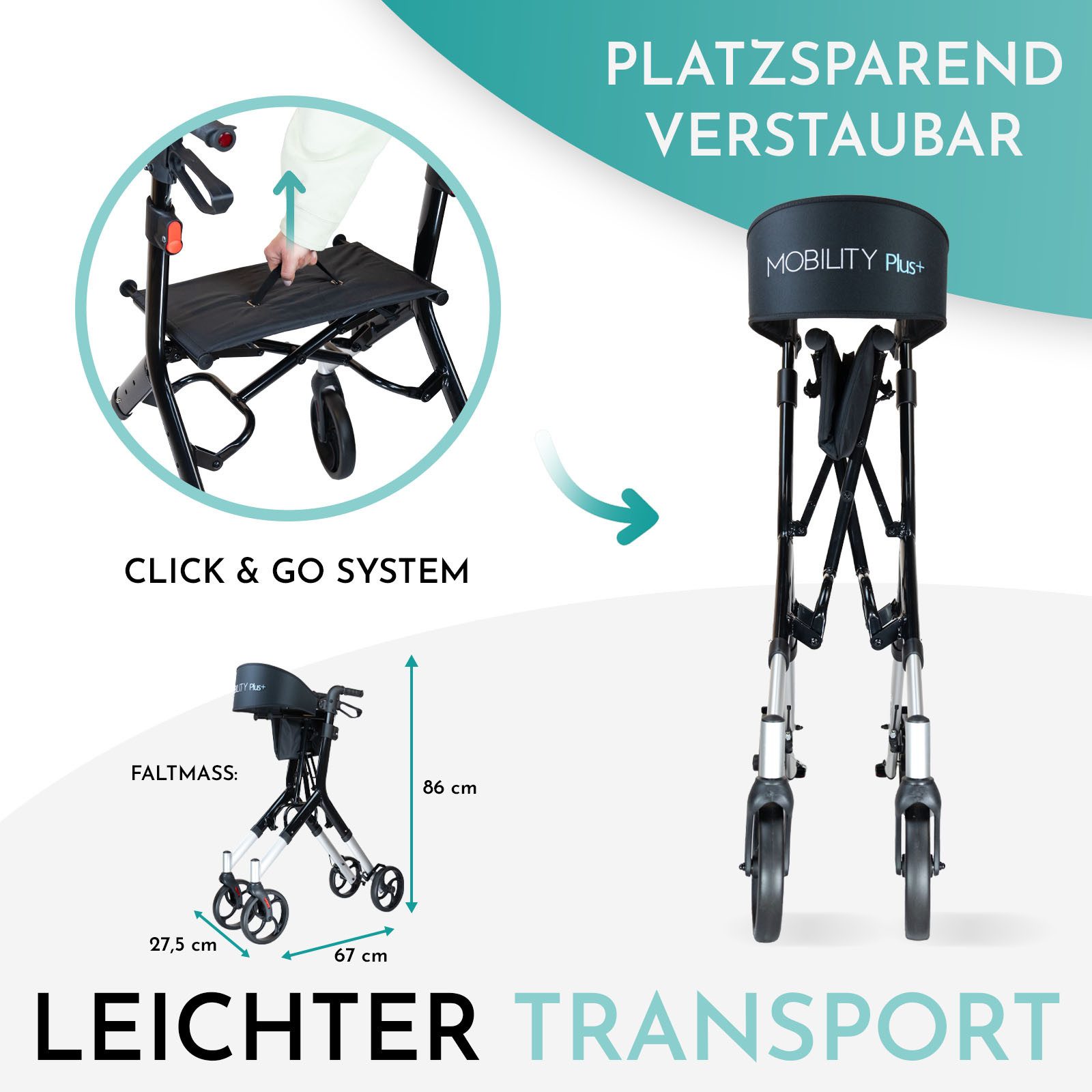 MOBILITY Plus+ Rollator DR10+, Gehwagen im Trend-Design - klappbar, höhenverstellbar u, inkl. Tasche