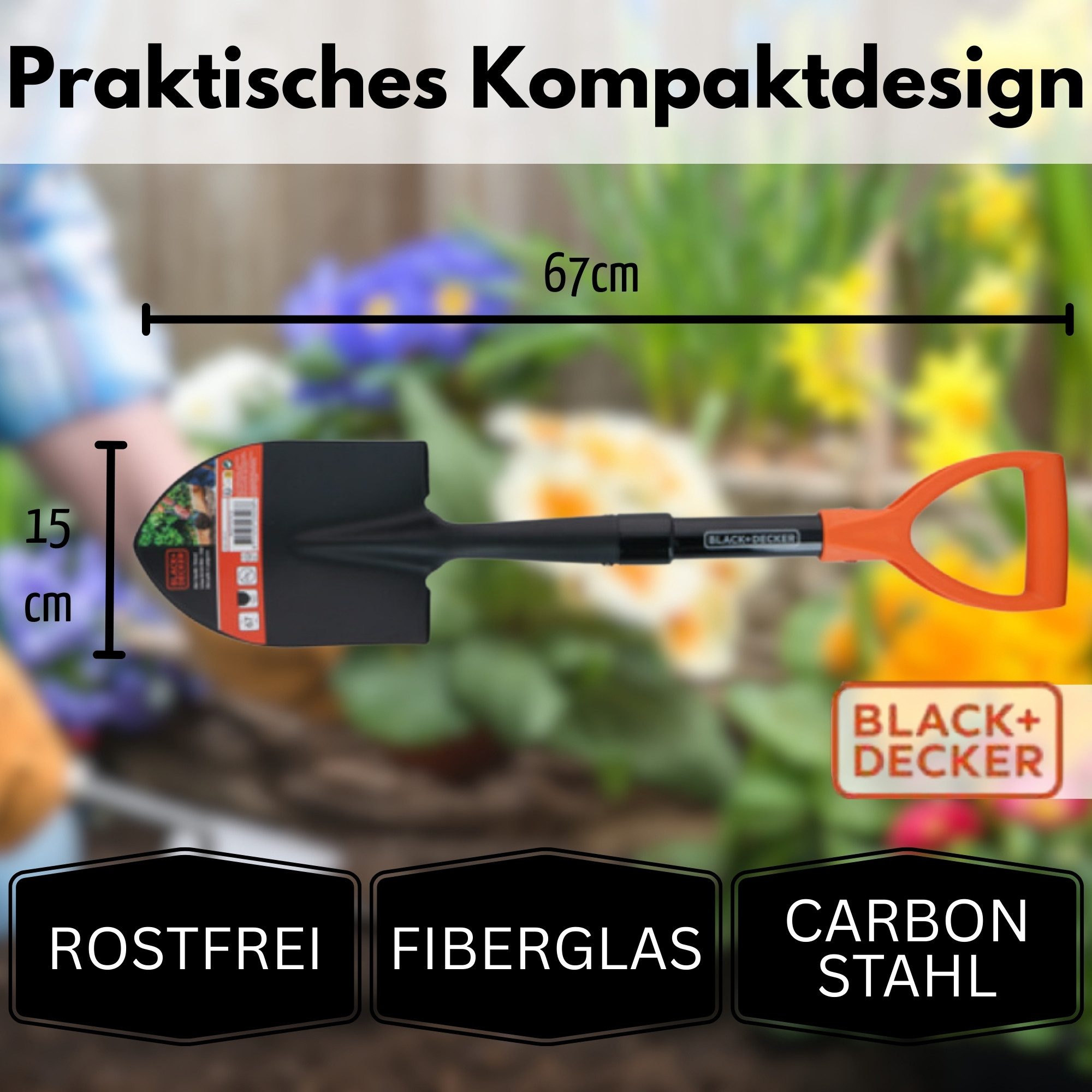Black + Decker Schaufel BLACK+DECKER Schaufel 67cm klein Rostfrei Spaten Mini Fiberglas, Karbonstahl Fiberglas garten – Bild 3 von 4