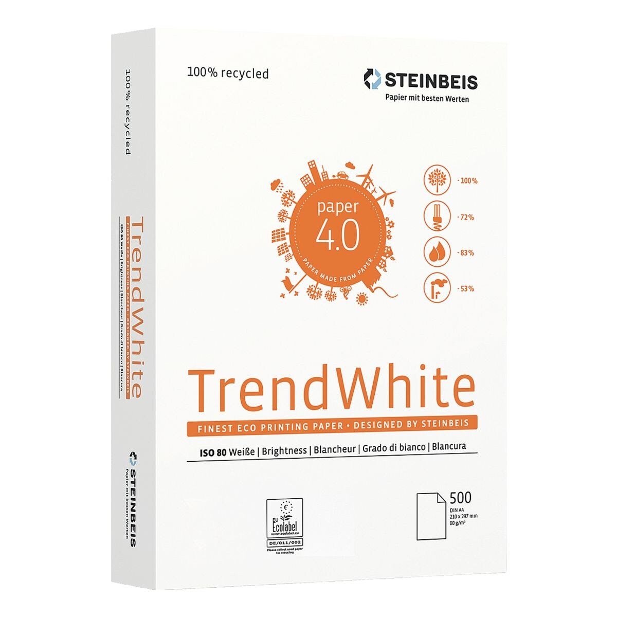 STEINBEIS Recyclingpapier Trend White, Format DIN A4, 80 g/m², 80 CIE, 500 Blatt