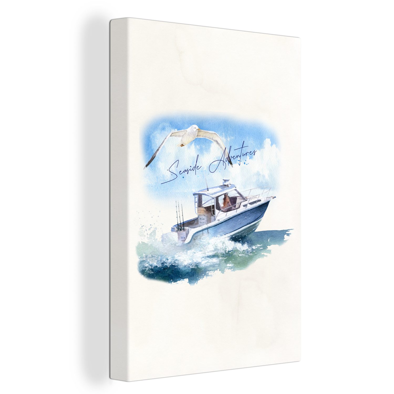OneMillionCanvasses® Leinwandbild Boot - Vogel - Meer - Aquarell, (1 St), Leinwandbild fertig bespannt inkl. Zackenaufhänger, Gemälde, 20x30 cm