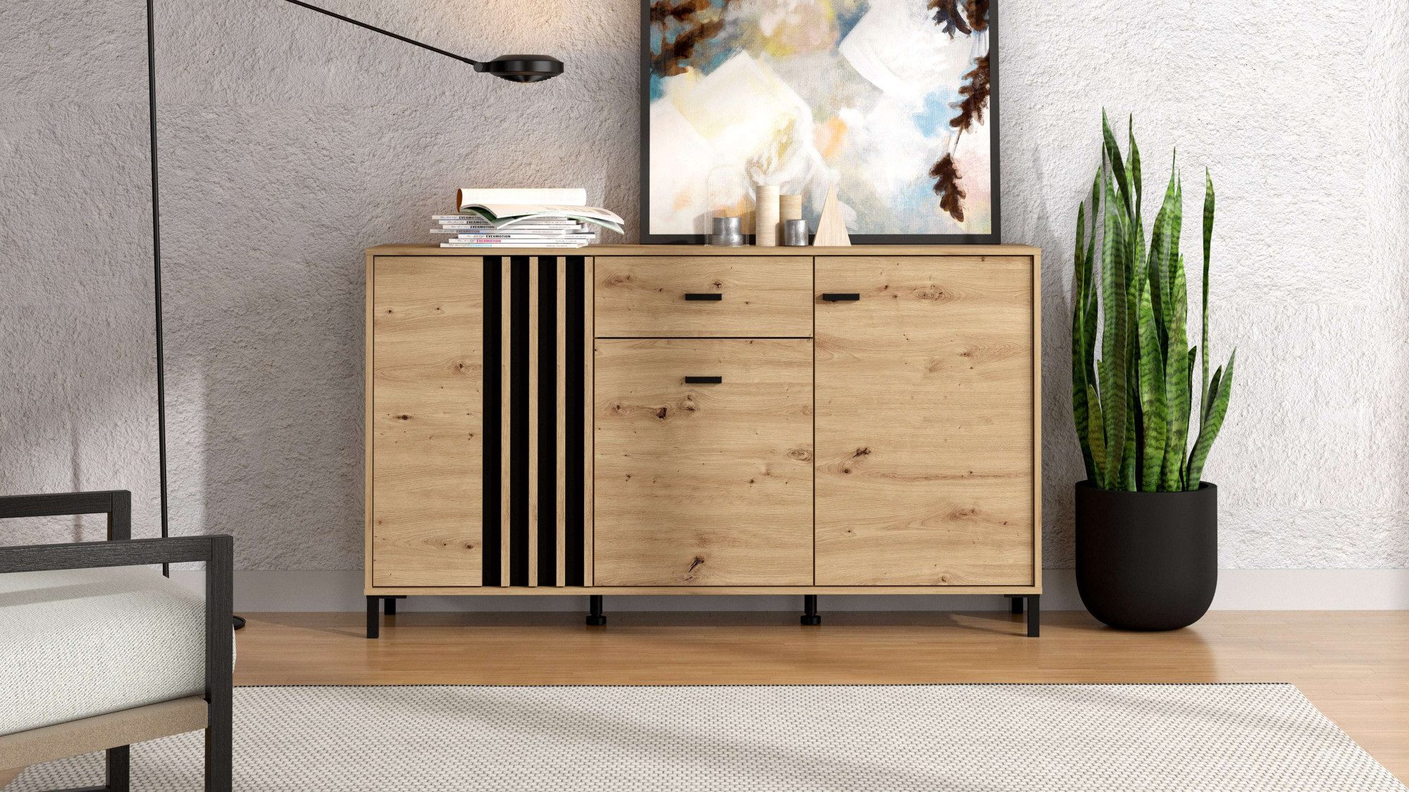 Home affaire Sideboard LAVAL, Kommode, Kombikommode, Anrichte, Schrank, Modernes Sideboard in Artisan, 3 Türen & 1 Schublade, Lamellen-Optik