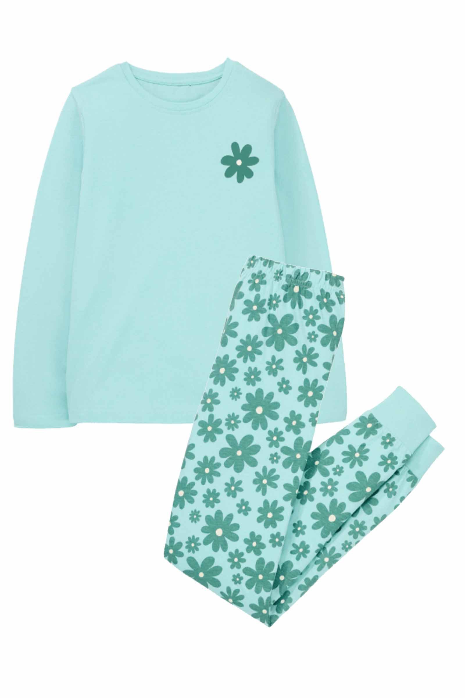 Lily & Dan Pyjama Mädchen Pyjama Set lange Schlafhose + langarm Oberteil Türkis 146-152 (Schlafhose + Oberteil, 2 tlg., Pyjama Set) Wärmender Stoff, Hautfreundlich