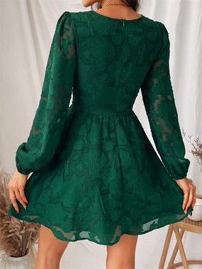 AFAZ New Trading UG Spitzenkleid Damen Kleid Spitzenkleid V Ausschnitt Knöpfen Langarm Floral Spitze A Linie Freizeitkleider Elegant Party Mini Dress