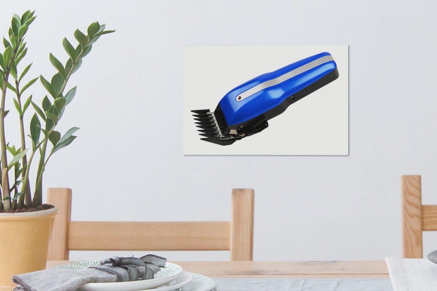 OneMillionCanvasses® Leinwandbild Blaue Schere auf Hintergrund, Leinwandbilder, weißem Aufhängefertig, St), Wandbild (1 Wanddeko, 30x20 cm