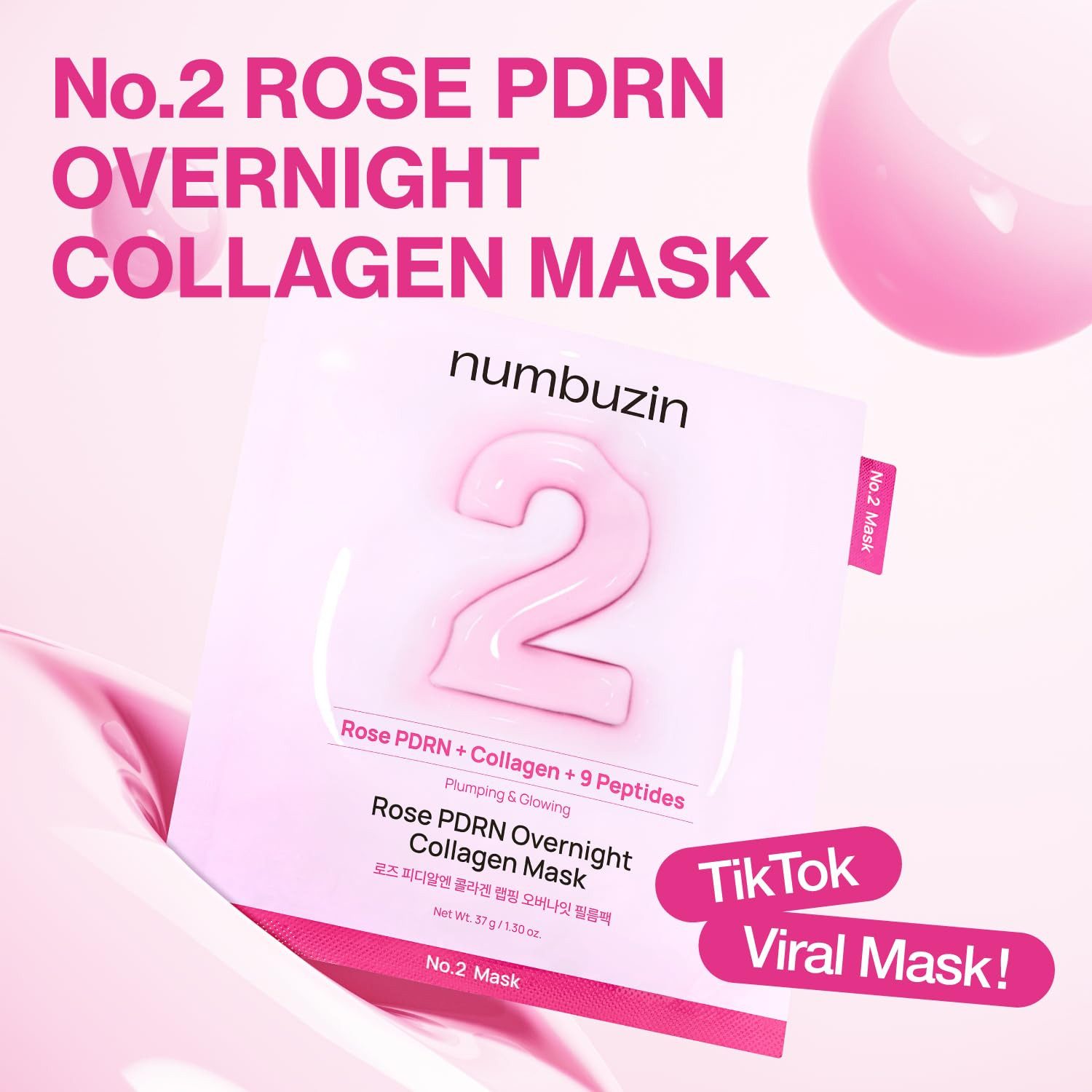 numbuzin Gesichtsmaske No.2 Rose PDRN Overnight Collagen Mask Set – Kollagen Nachtmaske Gesicht mit Peptiden & Rose PDRN – Feuchtigkeit, Elastizität, Korean Glass Skin – 4 Stück