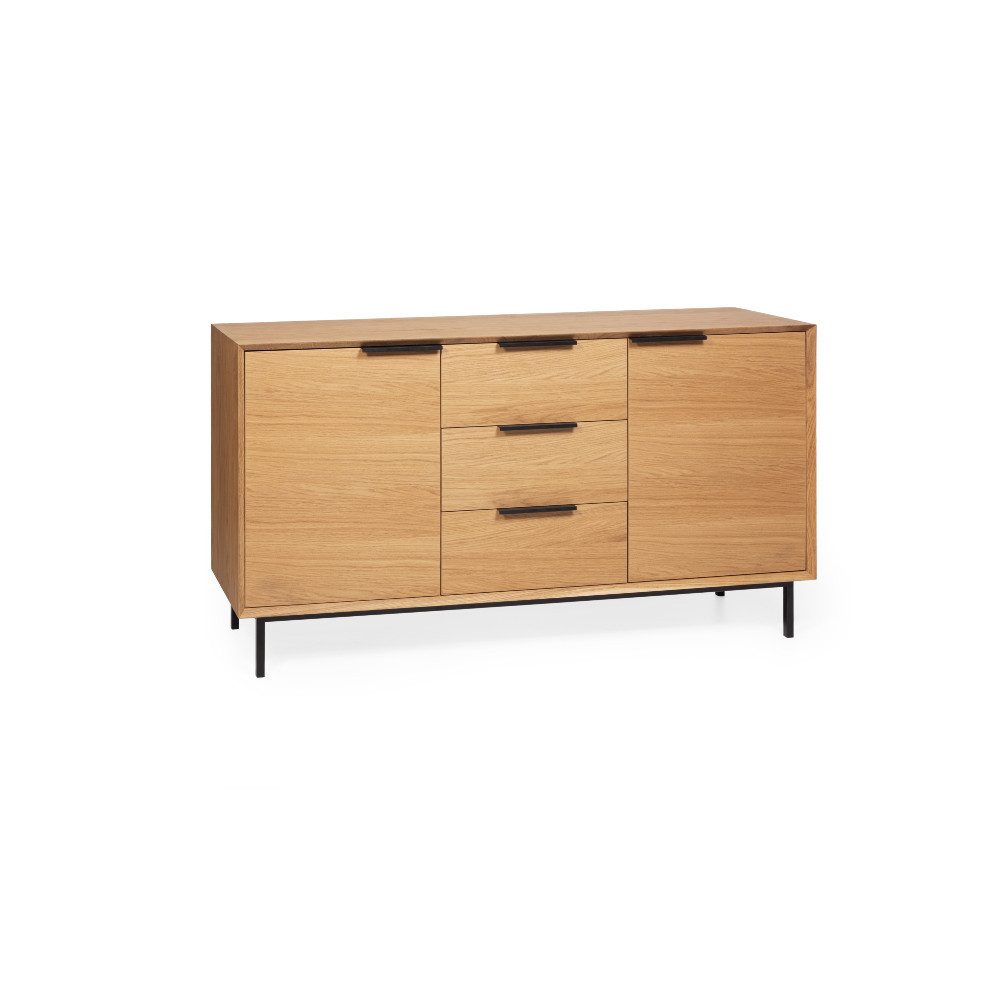 Woodek Design Sideboard BERGEN aus massiver Eiche und Eichenfurnier, Türen mit Einlegeboden (15 cm hohe Metallfüße, 1 St., 2 Schubladen mit hochwertigen Metallschienen), Breite 150 cm, Tiefe 43 cm, Höhe 80 cm