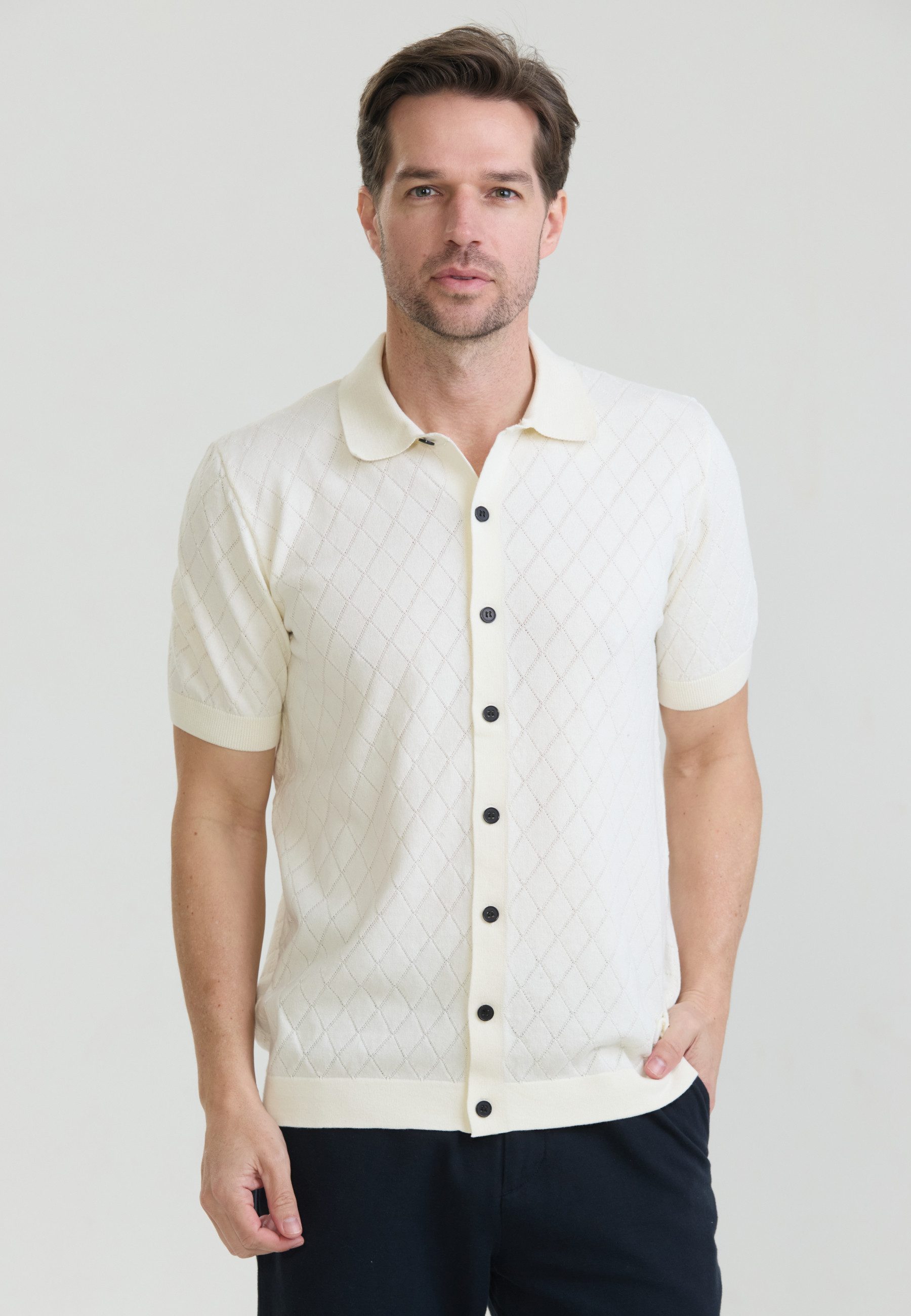 Felix Hardy Kurzarmhemd Kurzärmeliges Basic-Strickhemd mit Knöpfen