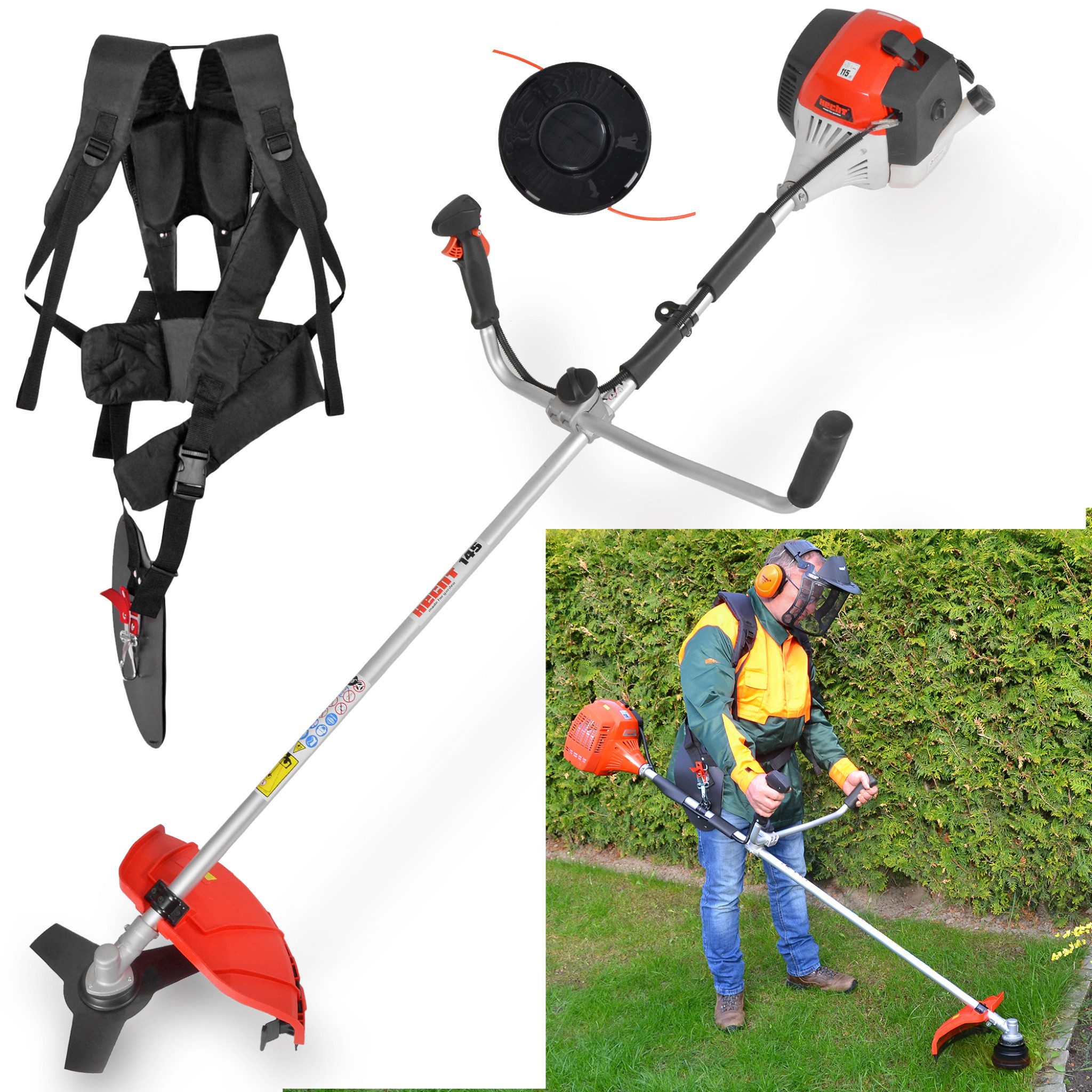 Hecht Benzin-Freischneider mit Tragegurt 1,47 kW / 2 PS, 43 cm³, 25,5 cm Arbeitsbreite Messer, 43 cm Arbeitsbreite Faden, 2,4 mm Fadenstärke, Auftipp-Automatik