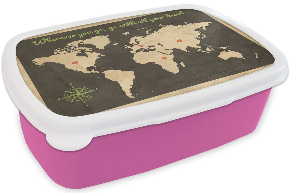 - Kompassrose, (2-tlg), Zitat Snackbox, für rosa Kunststoff, Kunststoff Kinder, Erwachsene, Brotbox - Lunchbox Weltkarte Mädchen, MuchoWow Brotdose