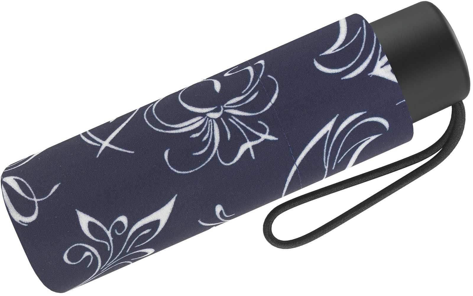 Damen-Taschenschirm Blumenskizzen mit Taschenregenschirm Cardin weiß-dunkelblau mit winziger wunderschönen Pierre Handöffner,