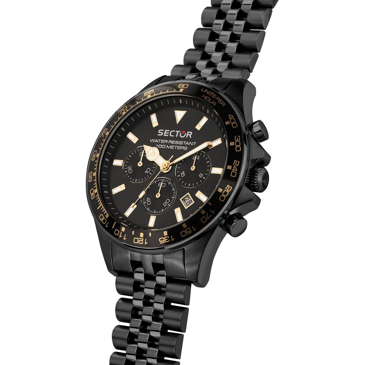 Sector Quarzuhr Sector Herren Armbanduhr Chrono, (Chronograph), Herren Armbanduhr rund, groß (43mm) Edelstahlarmband schwarz, Fashion