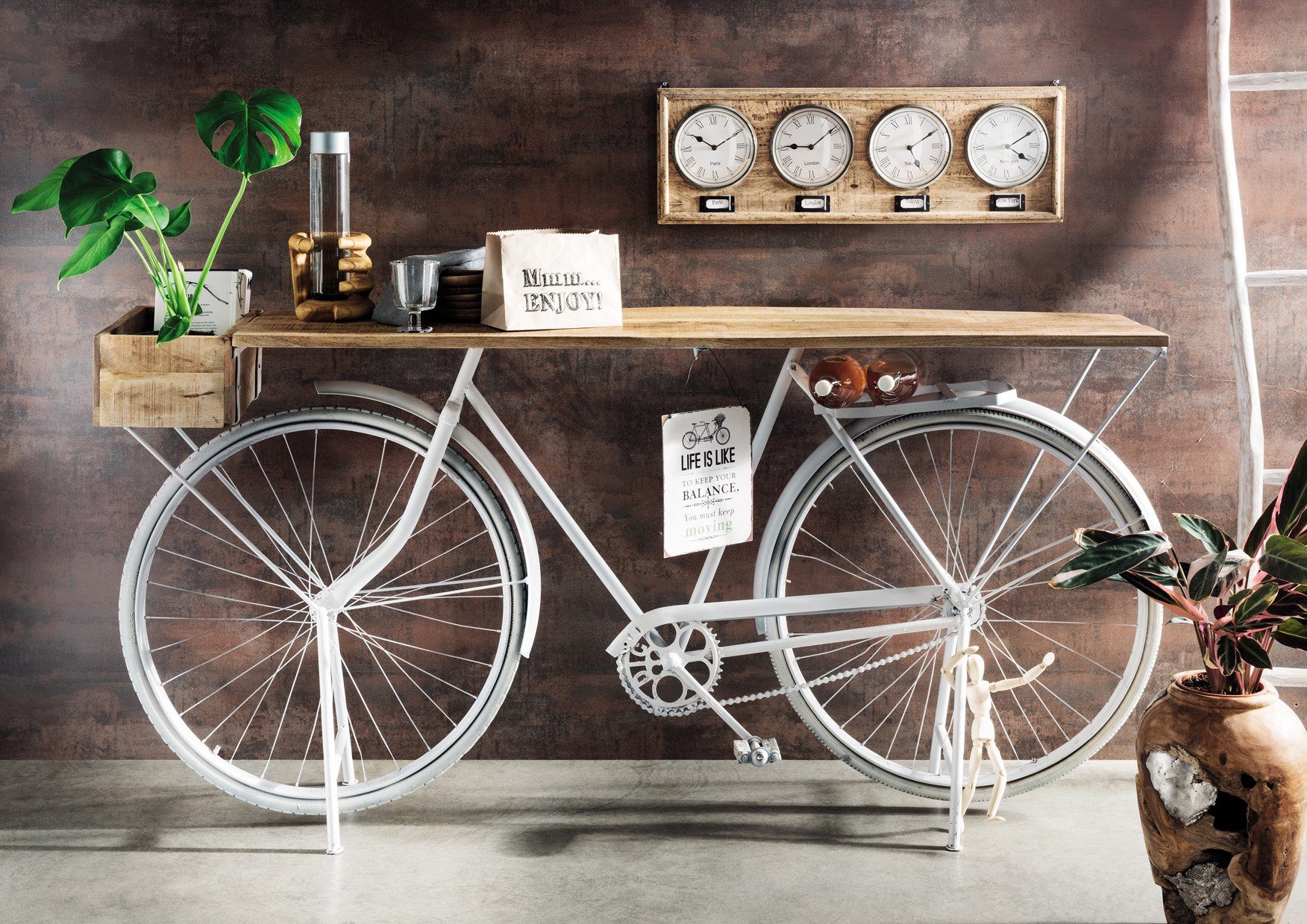 More2Home Konsolentisch Fahrrad-Konsolentisch WHITY, Metall weiß/Mangoholz, mit Holzkorb