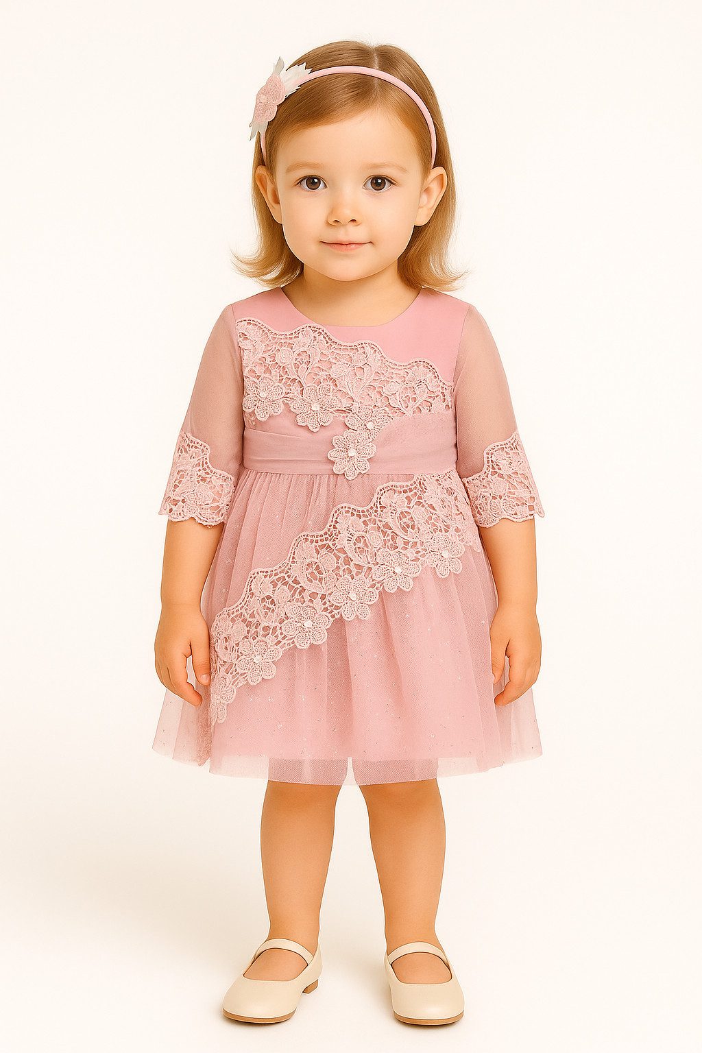Lorey Medtec Partykleid Prinzessin Kleid, Festkleid, Taufkleid, Spitze, 100% Baumwolle, Rosa (Kleid + Haarreif) Spitze, Tüll