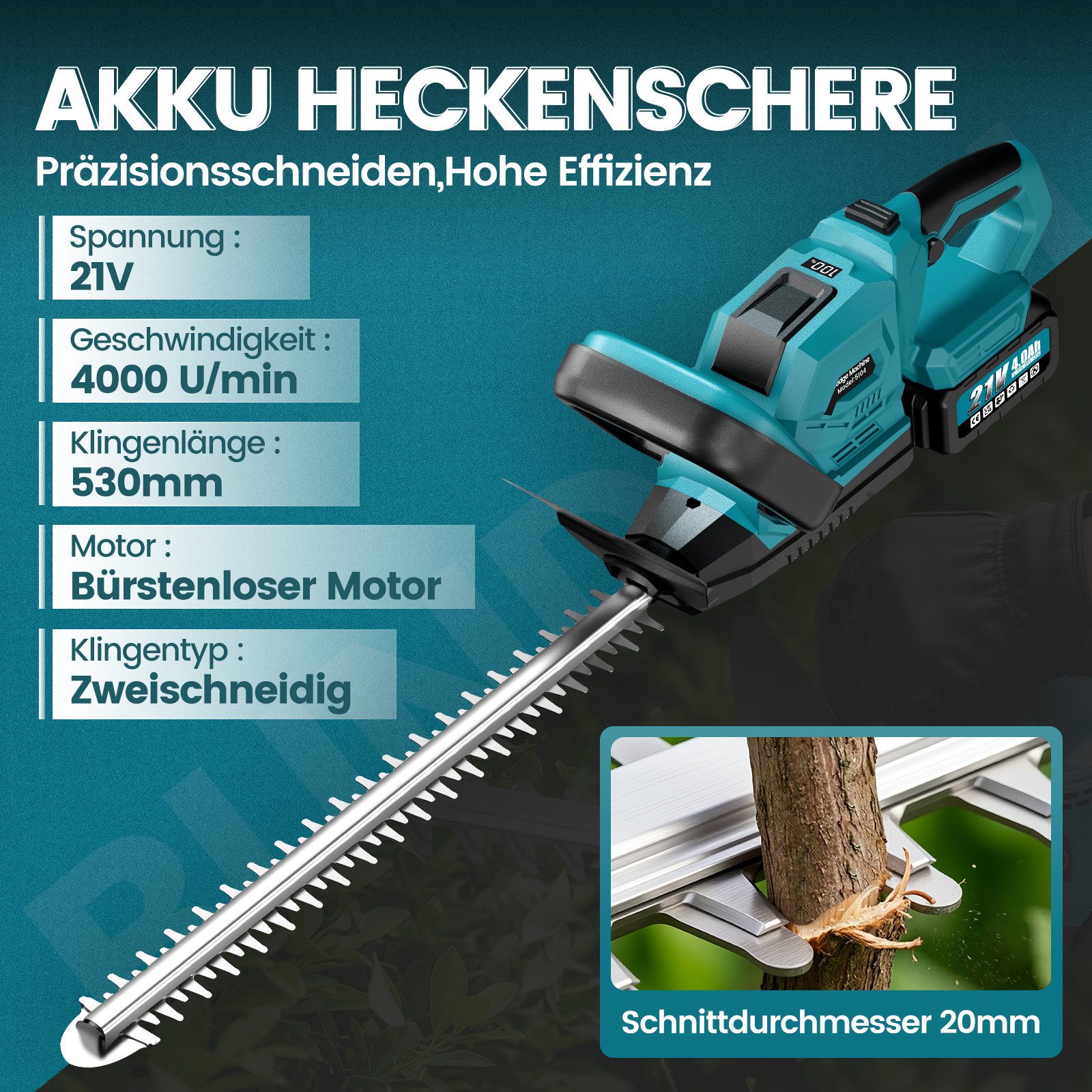 Bundviel Akku-Heckenschere Elektrisch Heckenschneider Heckentrimmer Strauchsch 2x 4Ah Akkus, Schnittlänge 53 cm, Inklusive Akku und Ladegerät