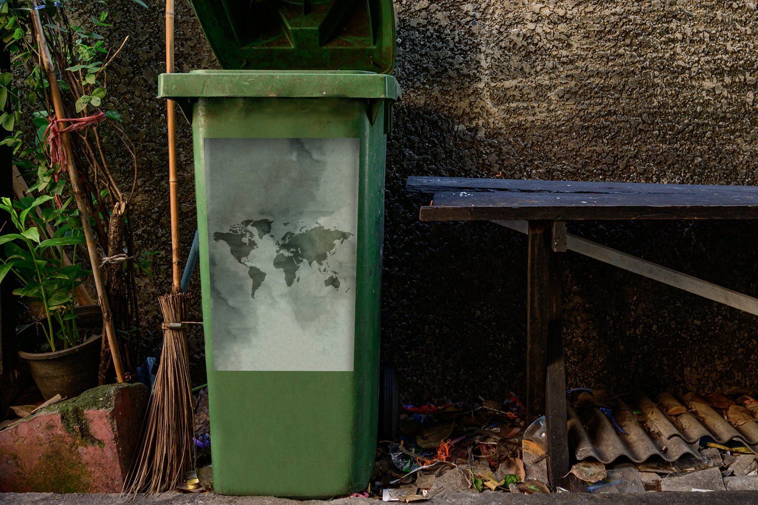 Container, Mülleimer-aufkleber, St), Sticker, - - (1 Mülltonne, Wandsticker Grün Abfalbehälter - MuchoWow Grau Aquarellfarbe Weltkarte