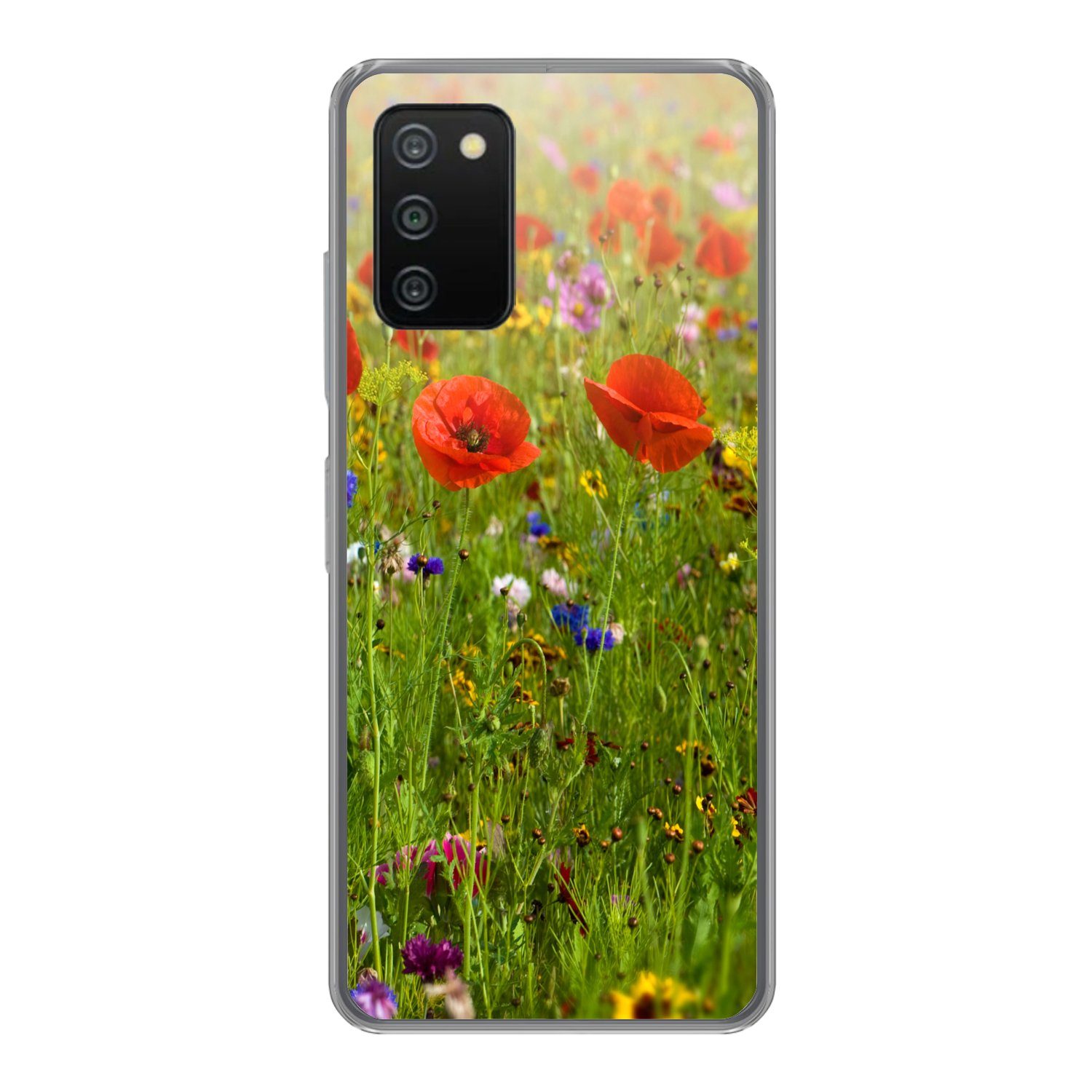 MuchoWow Handyhülle für Samsung Galaxy A03s Frühling - Blumen - Rot - Mohn - Gras - Grün, Smartphone-Bumper, Print, Handy Schutzhülle Dünn