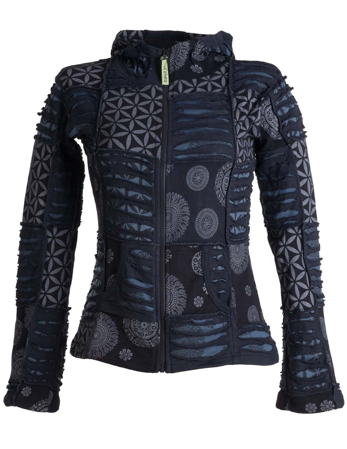 Vishes Kapuzensweatjacke Patchwork und Cutwork Elfenjacke mit Zipfelkapuze Boho, Hoodie, Hippie Goa Style schwarz-grau