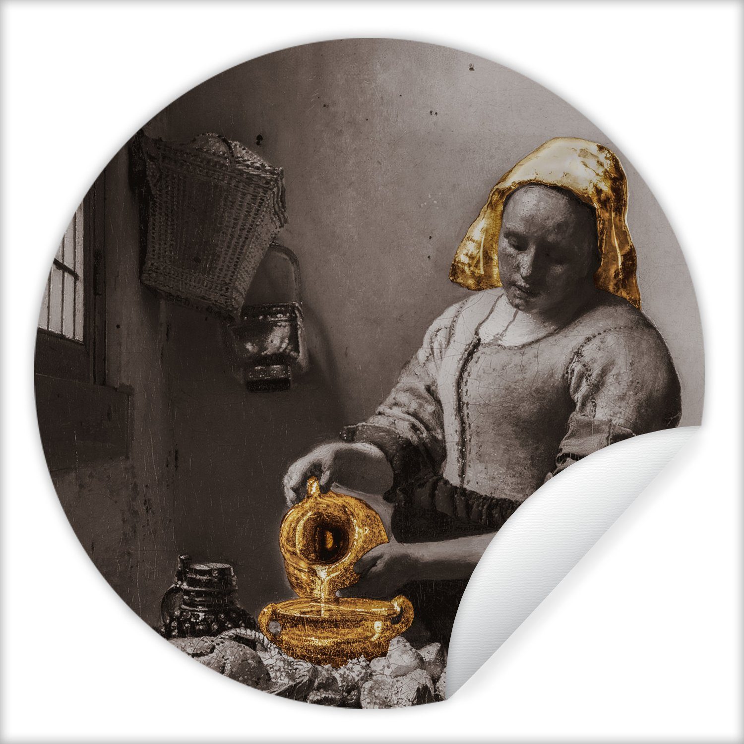 MuchoWow Wandsticker Das Milchmädchen - Johannes Vermeer - Gold (1 St), Tapetenkreis für Kinderzimmer, Tapetenaufkleber, Rund, Wohnzimmer