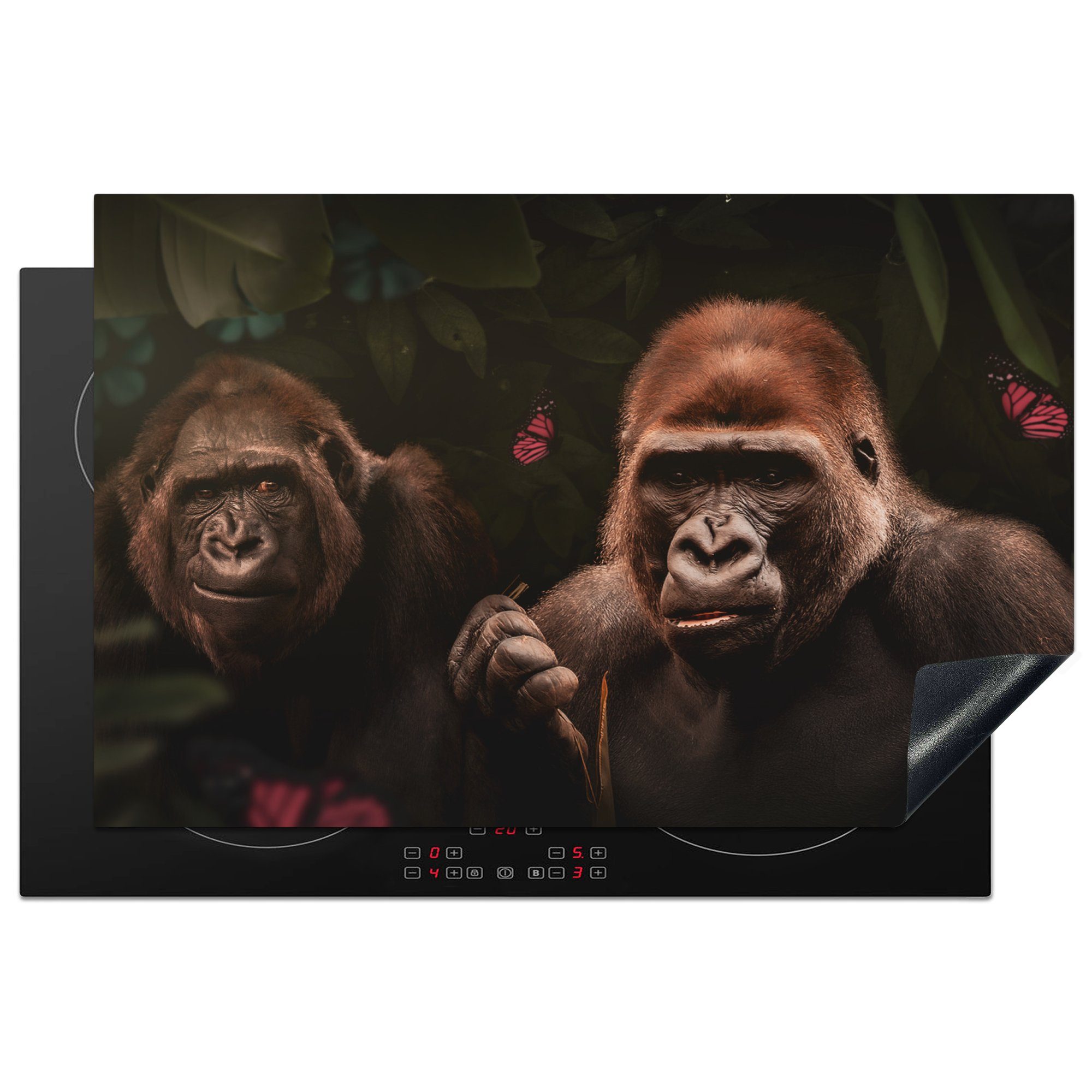 MuchoWow Herdblende-/Abdeckplatte Gorilla - Dschungel - Pflanzen - Schmetterling, Vinyl, (1 tlg), 81x52 cm, Induktionskochfeld Schutz für die küche, Ceranfeldabdeckung