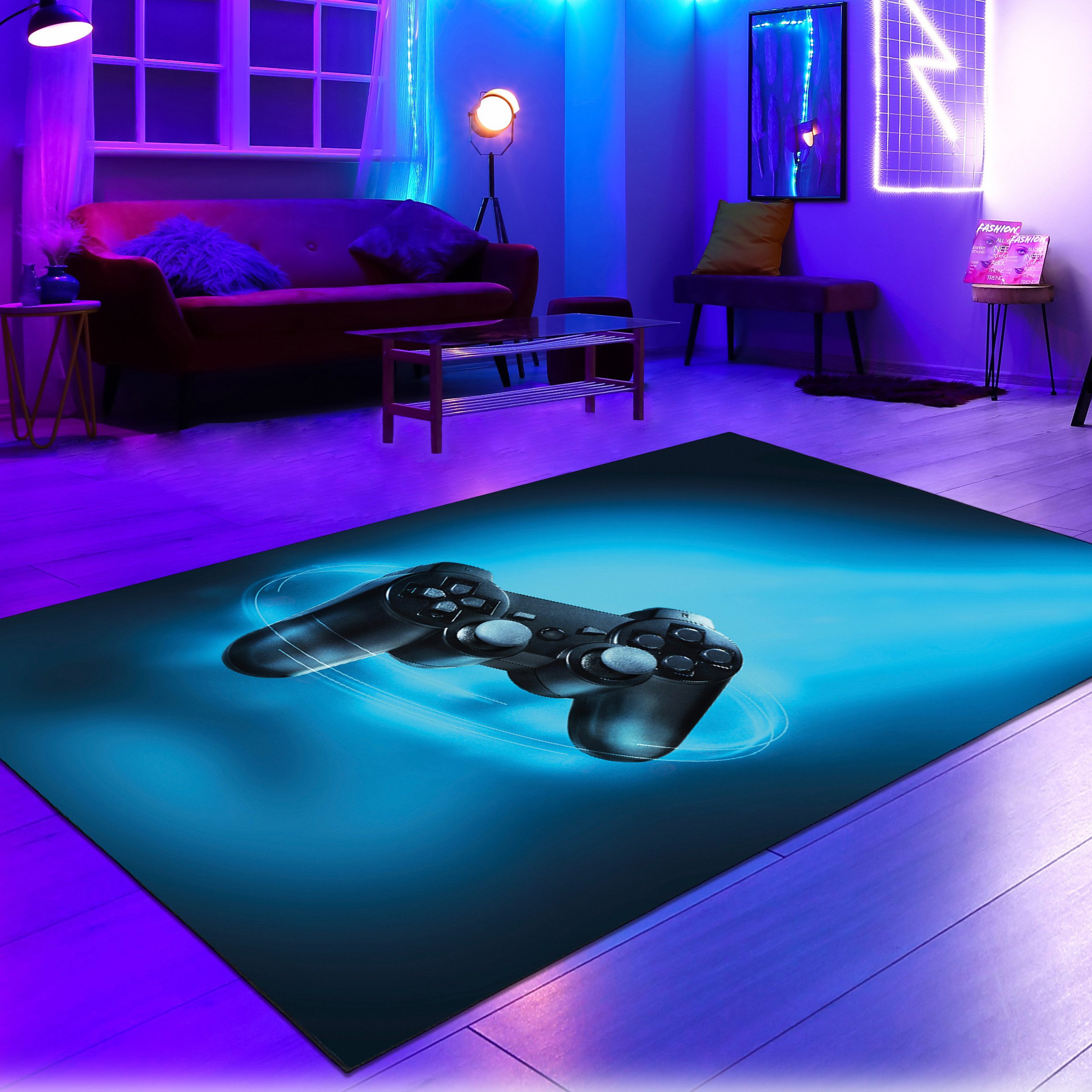 Carpetia Teppich Gaming-Teppich mit Neon-Farben und Symbolen auf schwarzem günstig online kaufen