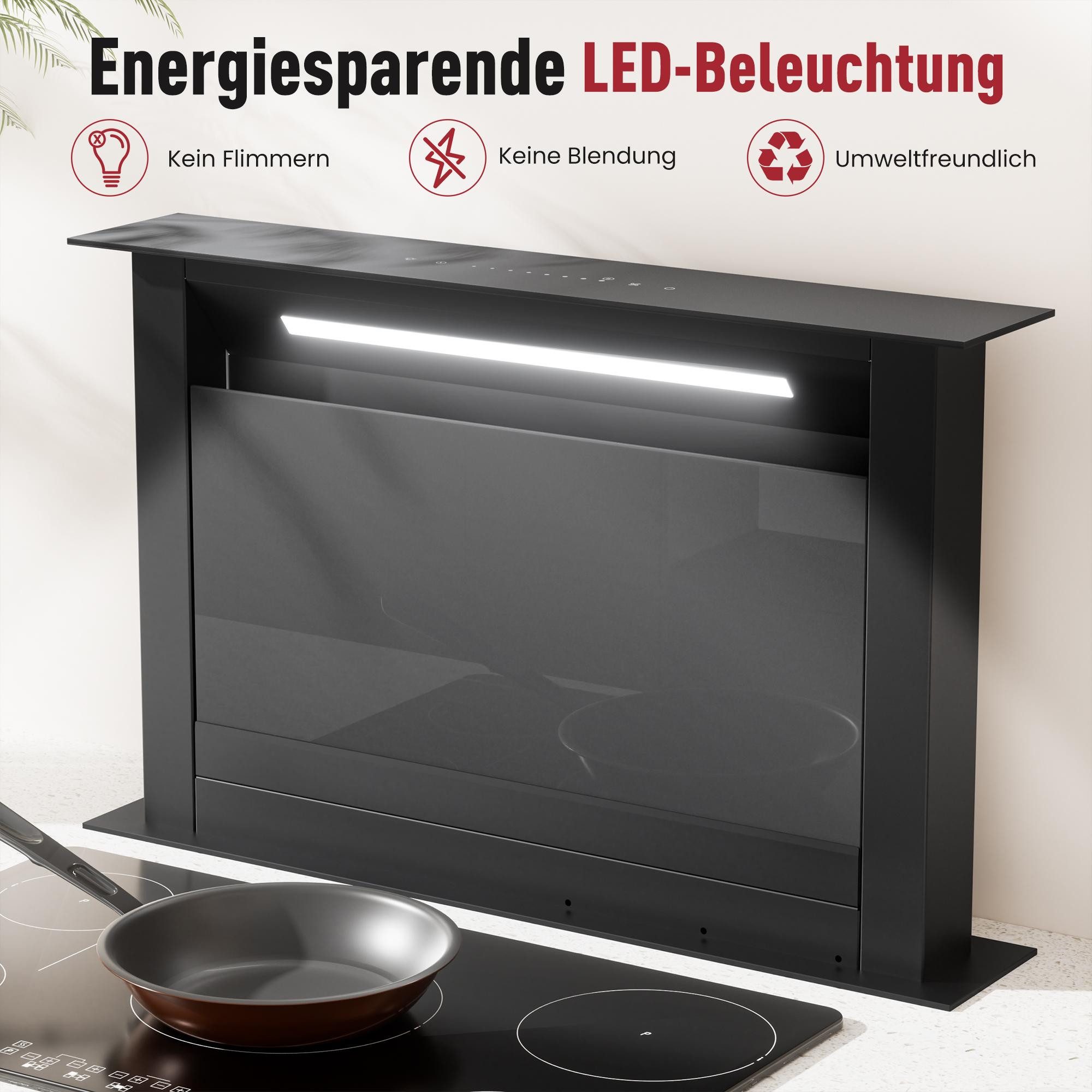 Levivo Kochfeldabzug A++ Dunstabzugshaube 60cm und 90cm Umluft & Abluft mit 600 m³/h Aktivkohlefiltern, Fettfiltern, LED-Beleuchtung – Bild 4 von 5