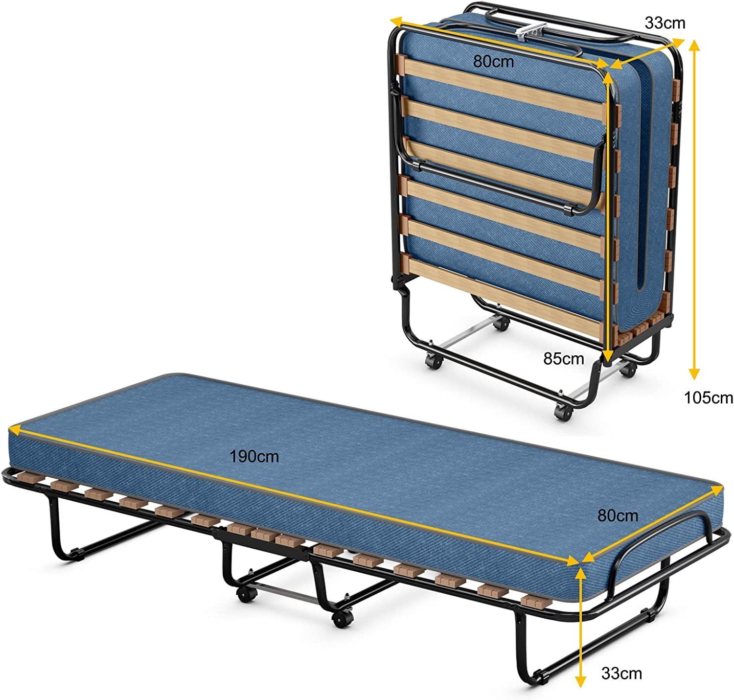 COSTWAY Gästebett klappbar 80x190cm auf Rädern, mit Matratze, Blau bis 130kg