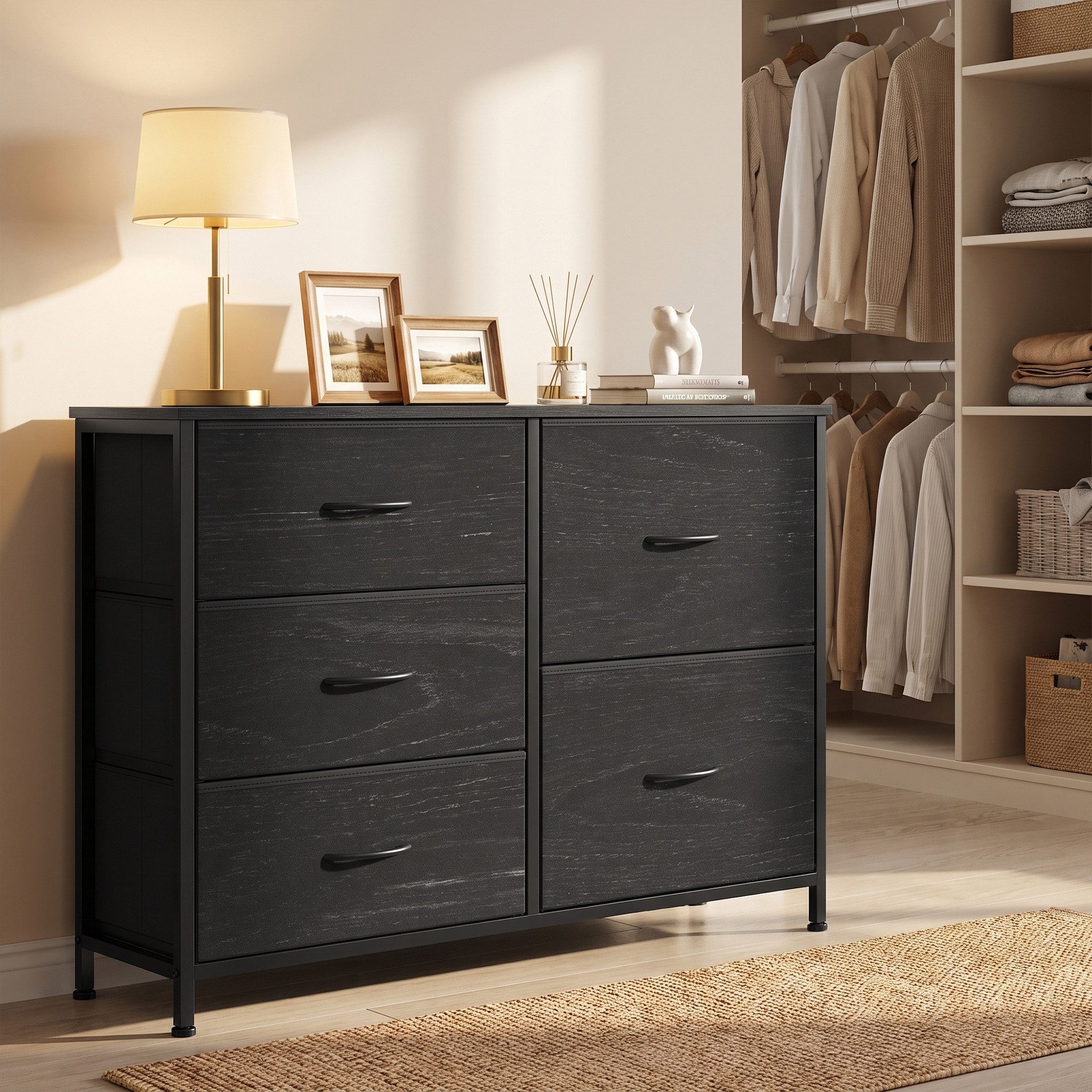 SONGMICS Kommode mit Stoffschubladen, für Schlafzimmer, Wohnzimmer, Flur, Aufbewahrungsschrank mit 5 Schubladen, 98,7 x 30 x 74,7 cm
