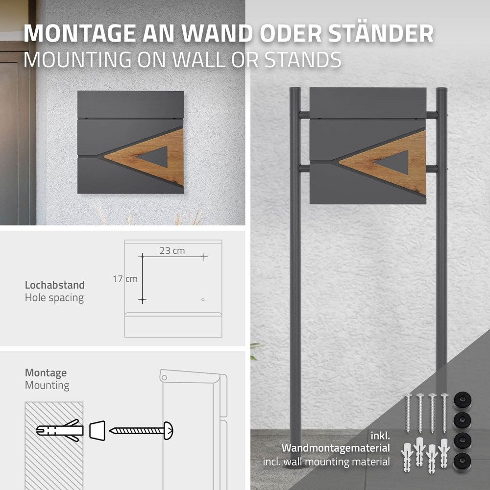 ML-DESIGN Briefkasten Wandbriefkasten Postkasten Design Briefkastenanlage Postbox Mailbox, Standbriefkasten mit Zeitungsfach Schloss und 2 Schlüssel aus Stahl – Bild 5 von 5