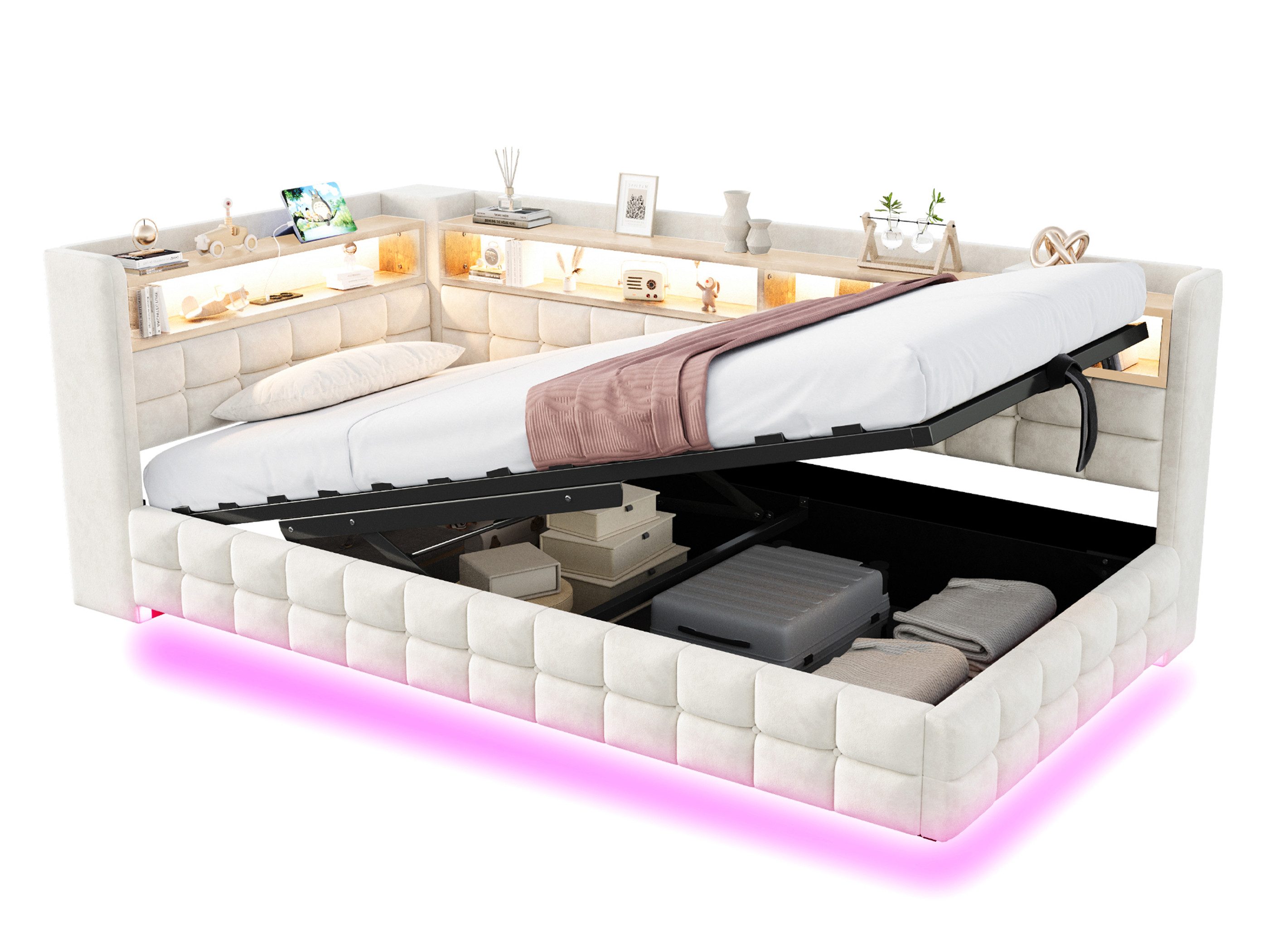 SeedWave Daybett Samt Polsterbett mit Stauraum, LED & USB Anschlüssen, 90/140×200cm, Hydraulisches Tagesbett inkl. 2 Ablageflächen, 2 halboffene Fächer
