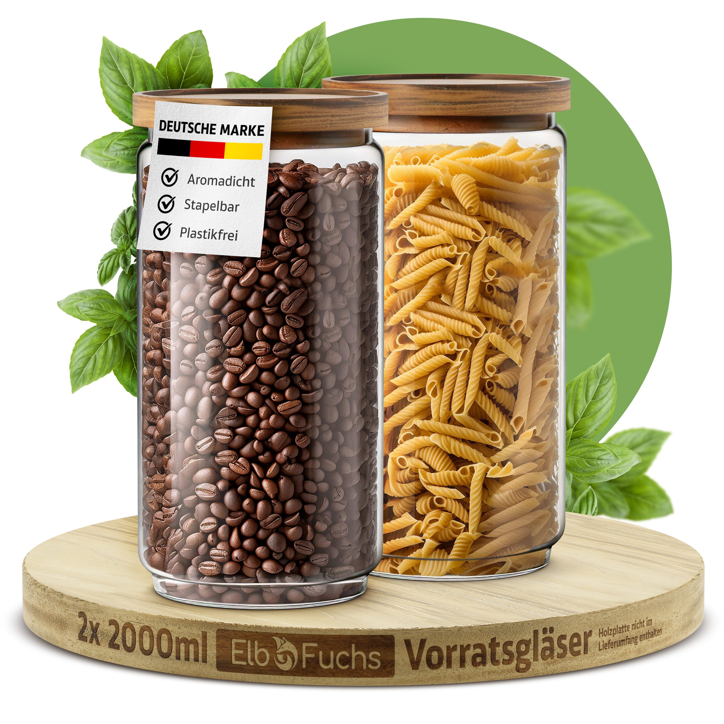 ElbFuchs Vorratsglas mit Holzdeckel, luftdicht schließend, Borosilikatglas, (Set, 2-tlg., 2000 ml), BPA-FREI & MOTTENSICHER