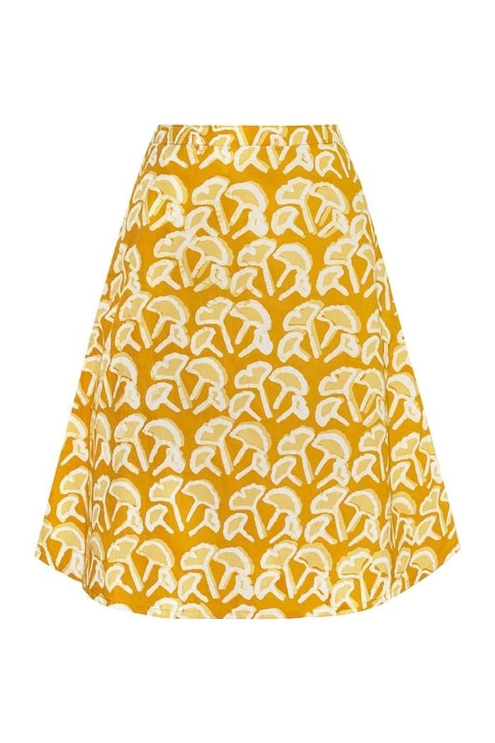 Global Mamas A-Linien-Rock Volta Gingko - Gelb Handgebatikt in Ghana · Unikat · Fair Trade zertifiziert (WFTO)